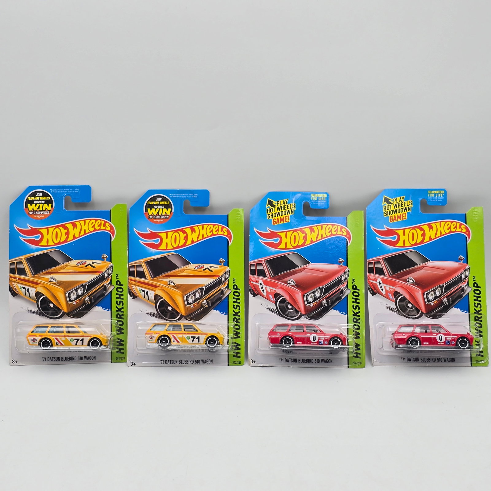 Hot Wheels Bluebird Wagon lot of 4: Hot Wheels HW Workshop 71 Datsun Bluebird 510 Wagon lot of 4 casting variation includes 4 fine mesh grill Datsuns 2 red and 2 yellow Cars appear to be in good condition with no issues of note