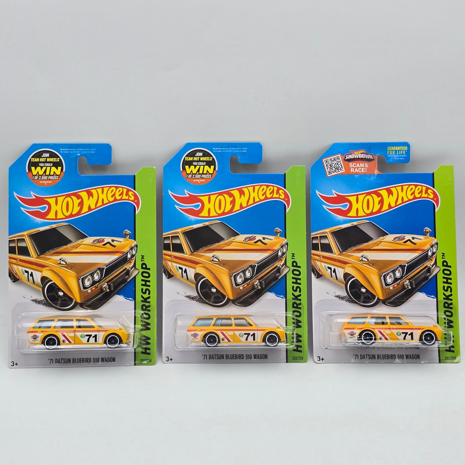 Hot Wheels Bluebird Wagon lot of 3: Hot Wheels yellow HW Workshop 71 Datsun Bluebird 510 Wagon lot of 3 All three grill variations included (smooth grill, fine mesh and coarse mesh from 3 different tools being used for the cars) Cars ap