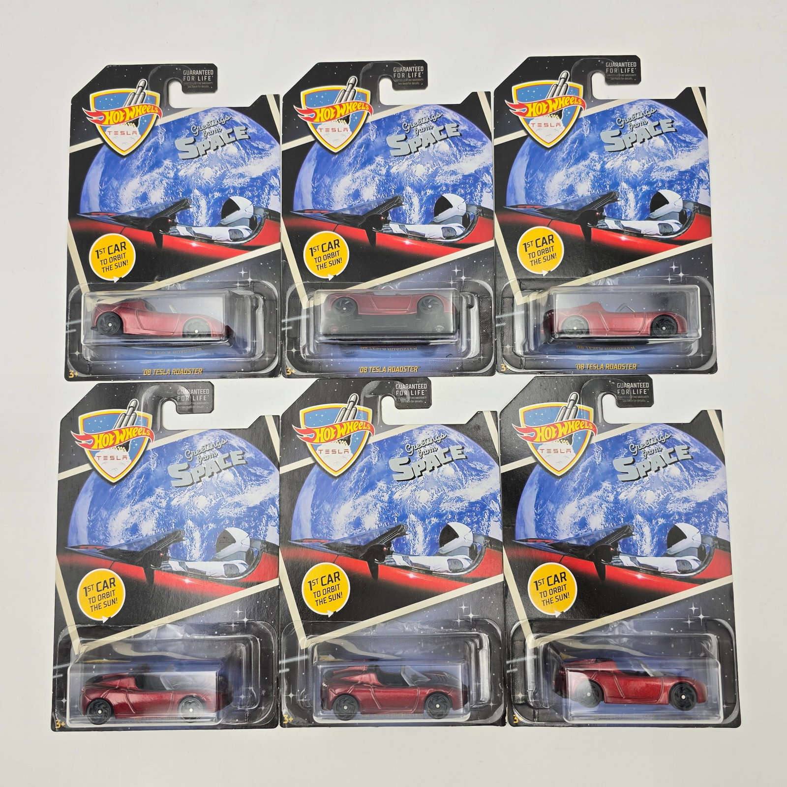 Hot Wheels Tesla lot of 6: Hot Wheels Greetings from Space Tesla lot of 6 These appear to be identical as seen Cars appear to be in good condition with no issues of note Cards in good shape, may have edge dings in spots, bliste