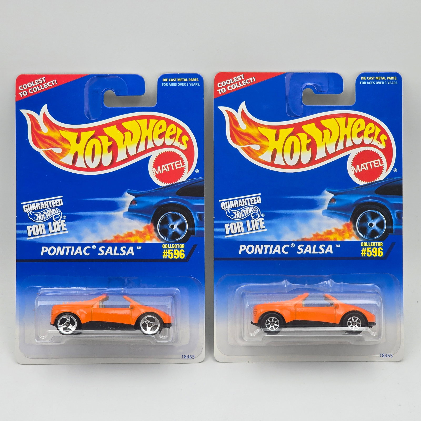 Hot Wheels Pontiac Salsa Pair: Hot Wheels Pontiac Salsa Pair These are on the same cards, one has 3 spoke wheels the other has 7 spoke wheels Cars appear to be in good condition with no issues of note Cards are in good shape, may h