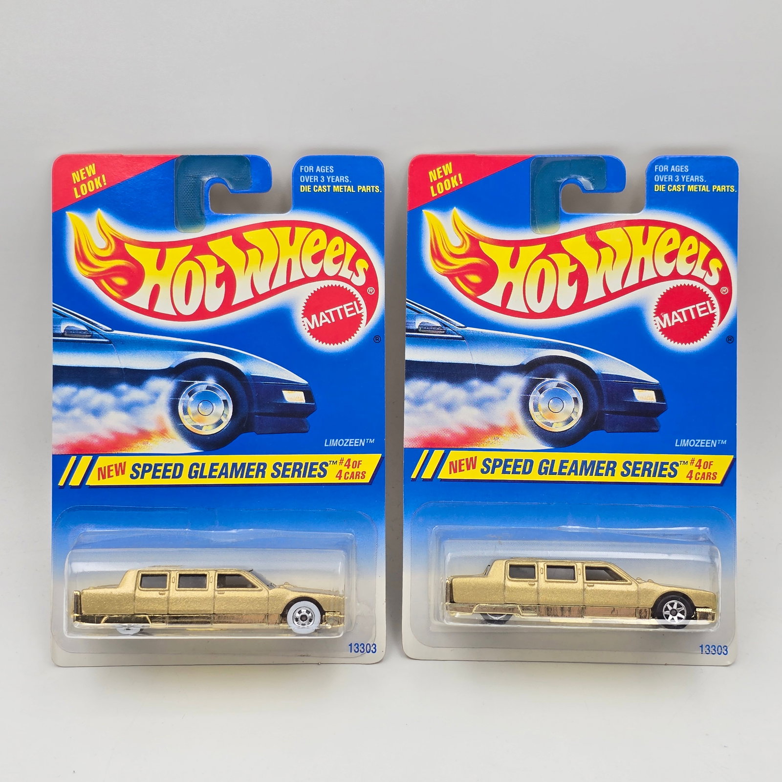 Hot Wheels Limozeen Pair: Hot Wheels Speed Gleamer Series gold Limozeen One has white wall wheels the other has 7 spoke wheels Cars appear to be in good condition with no issues of note Cards are good but may have edge dings a