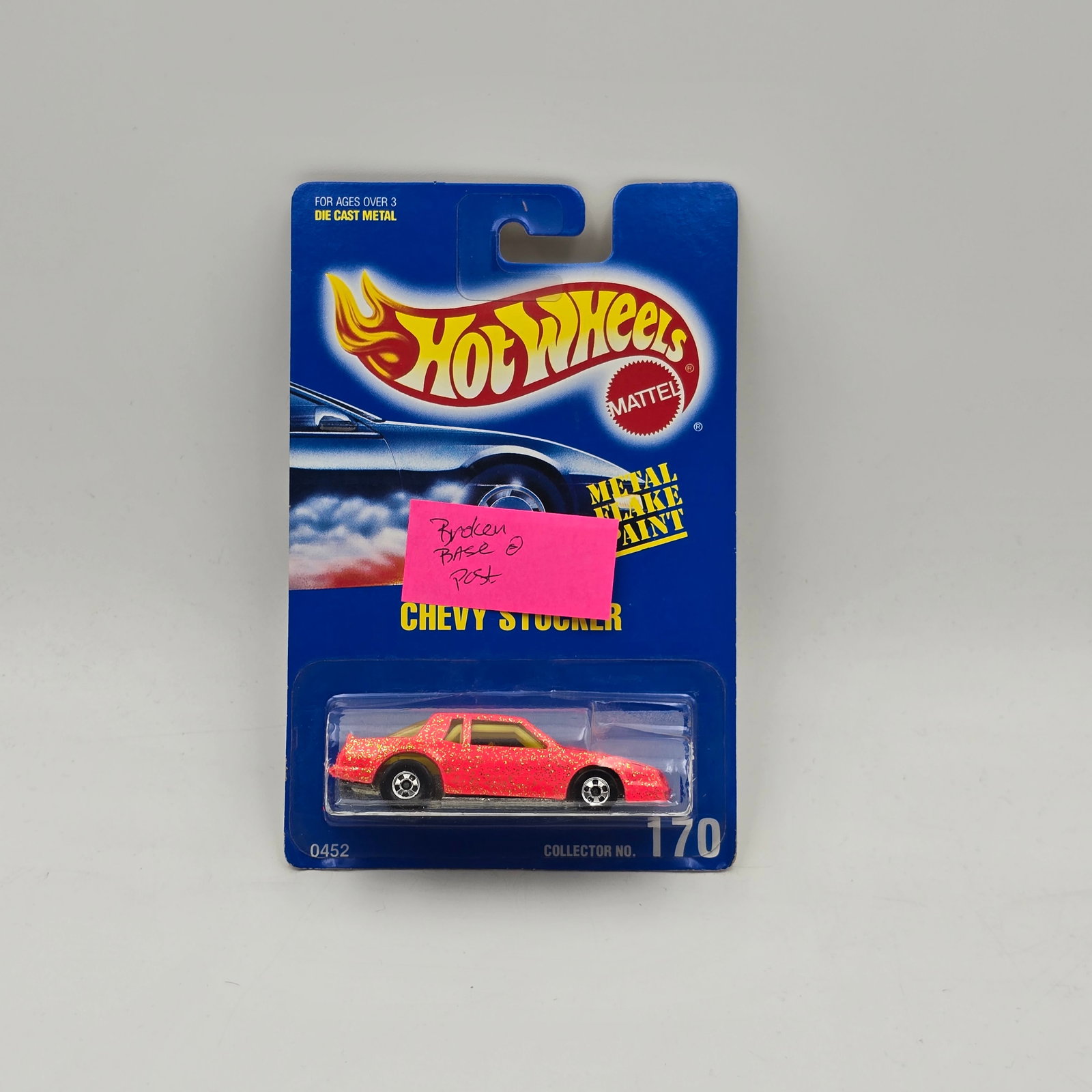 Hot Wheels Chevy Stocker: Hot Wheels Pink Metalflake #170 Chevy Stocker error The rear post looks to have been struck too hard and the base is busted at the post Car otherwise appears to be in good condition Card is good but m