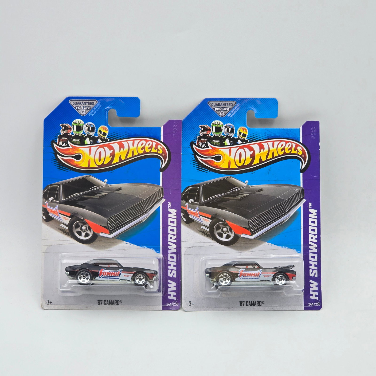 Hot Wheels Summit 67 Camaro Pair: Hot Wheels HW Showroom Summit 67 Camaro Pair Couple of variations here, left piece in main photo has flat red tampos and no HW Flame logo on base, the right one has bright red tampos, has HW Flame log