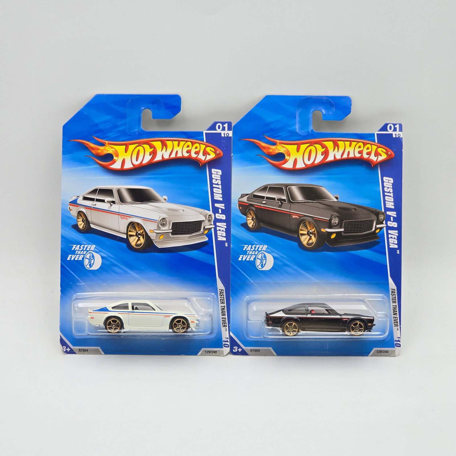 Hot Wheels V-8 Vega Pair: Hot Wheels Faster than Ever wheel variations Includes (2) Custom V-8 Vegas, one each in white and black Cars appear to be excellent to near mint with no issues of note Cards are good but may have edge