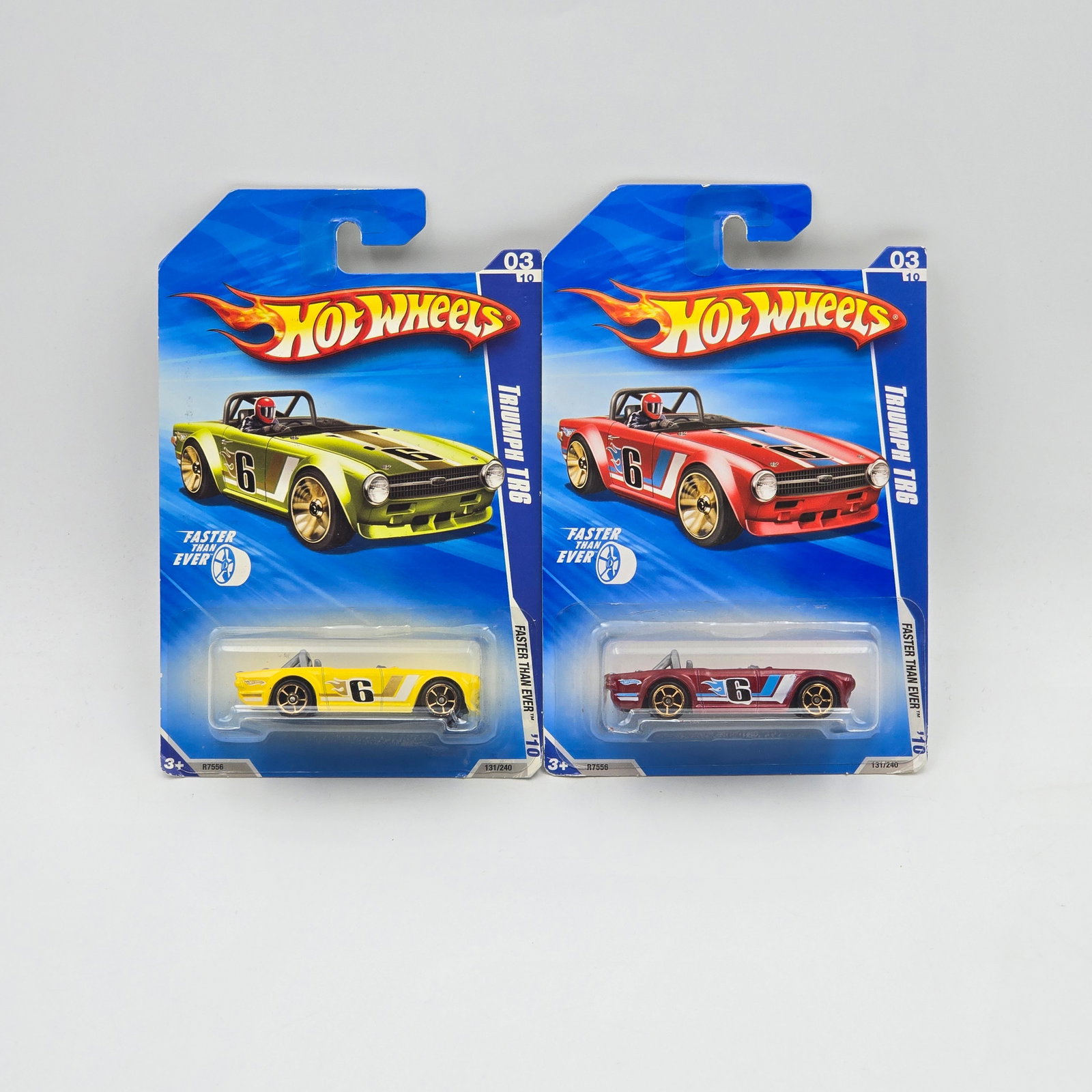 Hot Wheels Triumph TR6 Pair: Hot Wheels Faster than ever Triumph TR6 pair Includes one in yellow and one in burgundy as seen Cars appear to be excellent to near mint with no issues of note Cards are good but may have edge dings, 