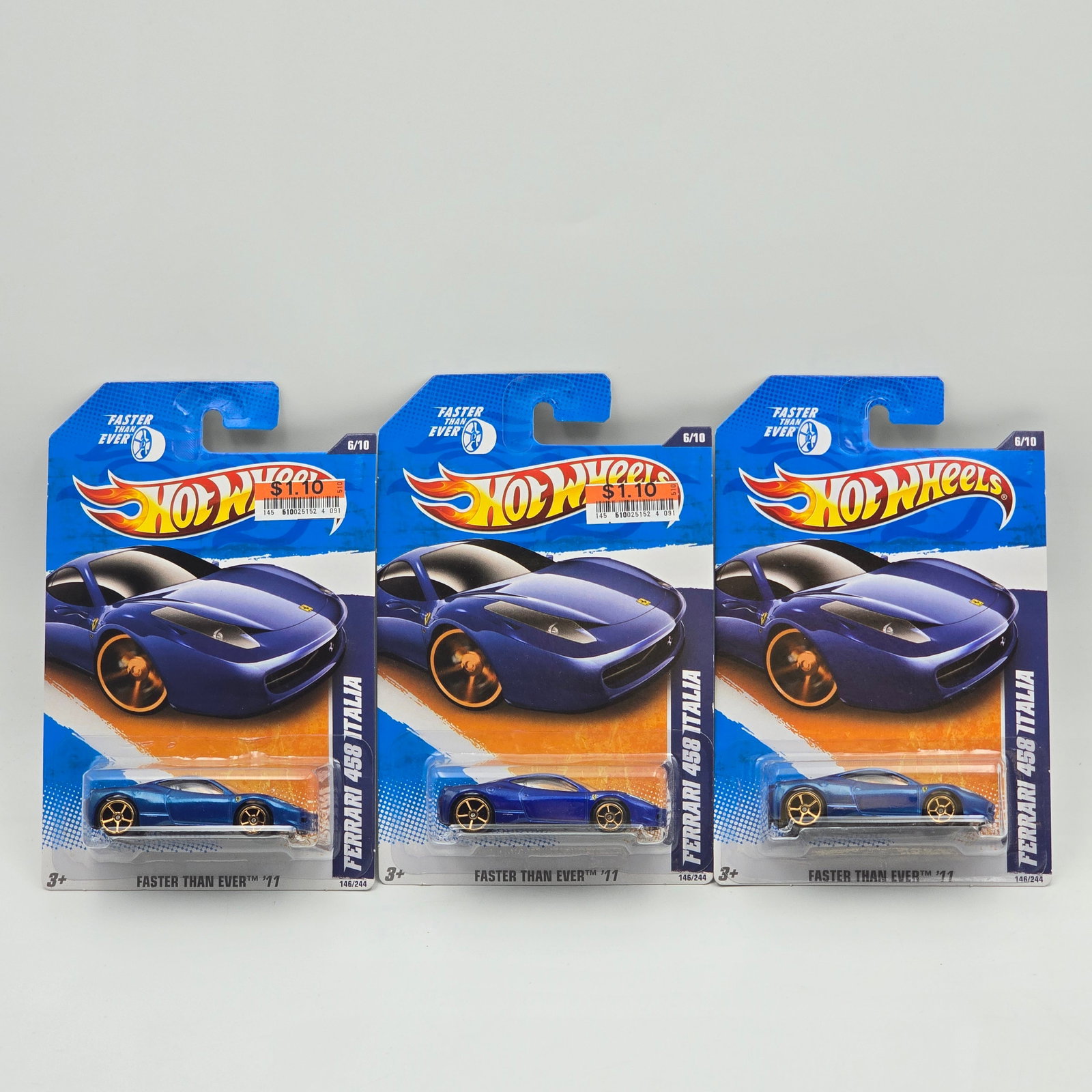 Hot Wheels Ferrari Italia lot of 3: Hot Wheels Faster than ever blue Ferrari 458 Italia lot of 3 wheel variations with one extra dark spray It appears there are 2 that are lighter blue and one is darker blue as seen in photos Cars