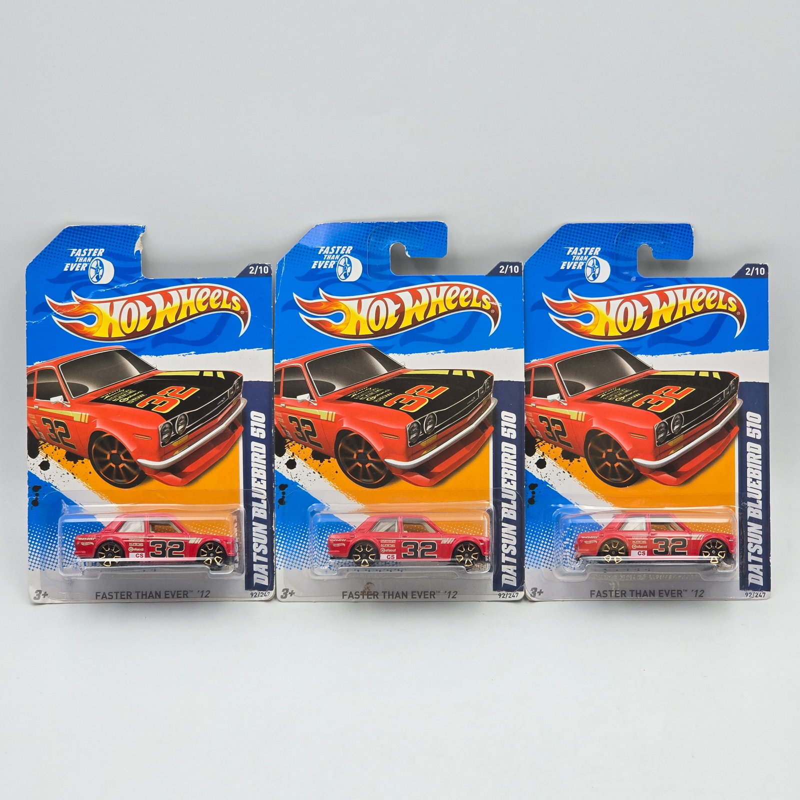 Hot Wheels Bluebird 510 lot of 3: Hot Wheels Faster than ever wheel variation Datsun Bluebird 510 lot of 3 All appear identical Cars appear to be excellent to near mint with no issues of note Cards are good but may have edge dings, sm