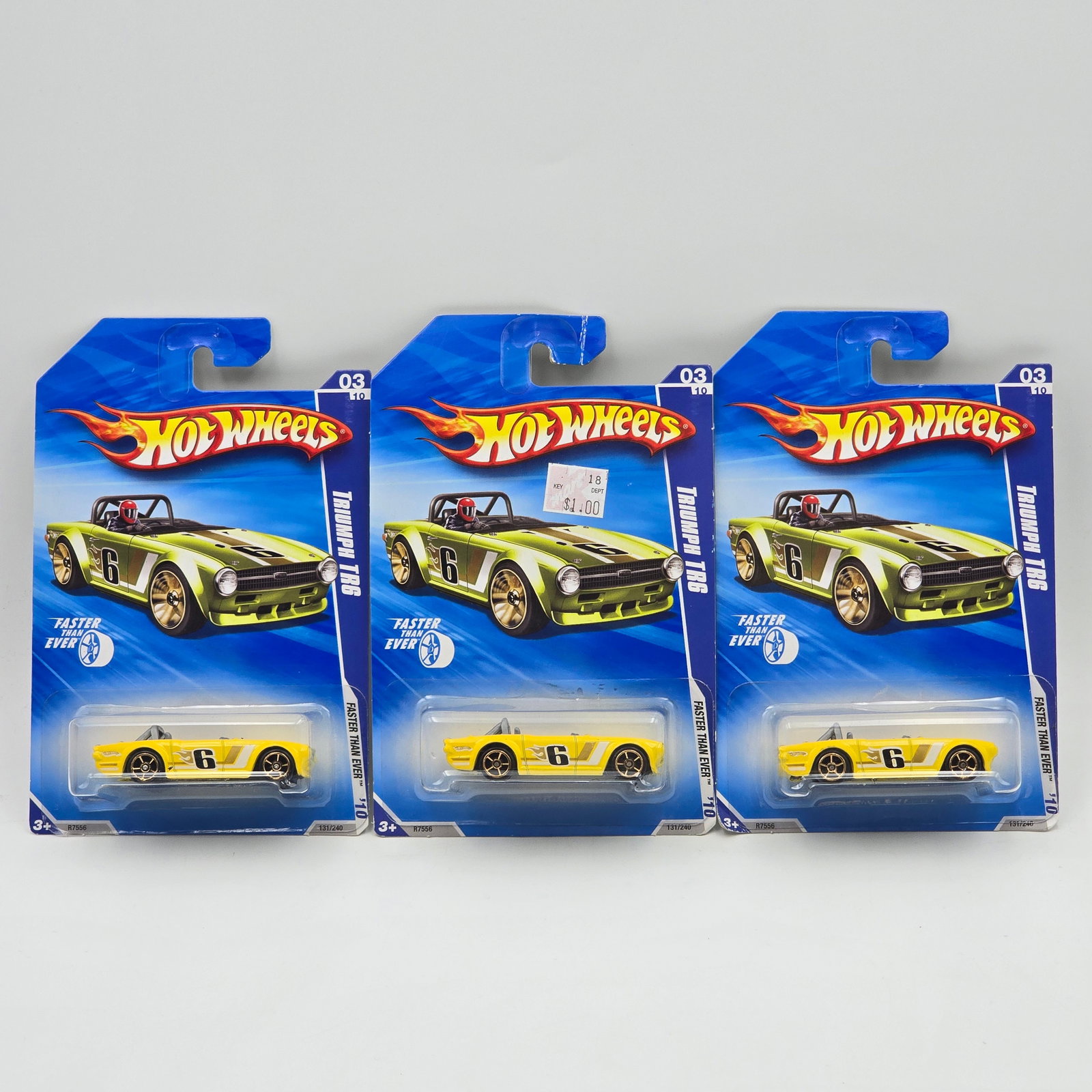 Hot Wheels Triumph TR6 lot of 3: Hot Wheels Faster than ever wheel variation yellow Triumph TR6 lot of 3 All appear identical Cars appear to be excellent to near mint with no issues of note Cards are good but may have edge dings, sma