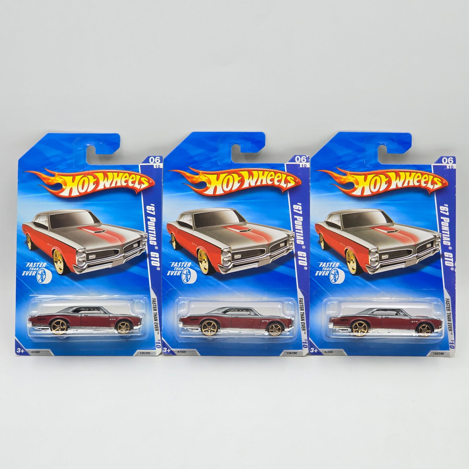 Hot Wheels Pontiac GTO lot of 3: Hot Wheels Faster than everwheel variation 2010 67 Pontiac GTO lot of 3 All appear to be identical Cars appear to be excellent to near mint with no issues of note Cards are good but may have edg