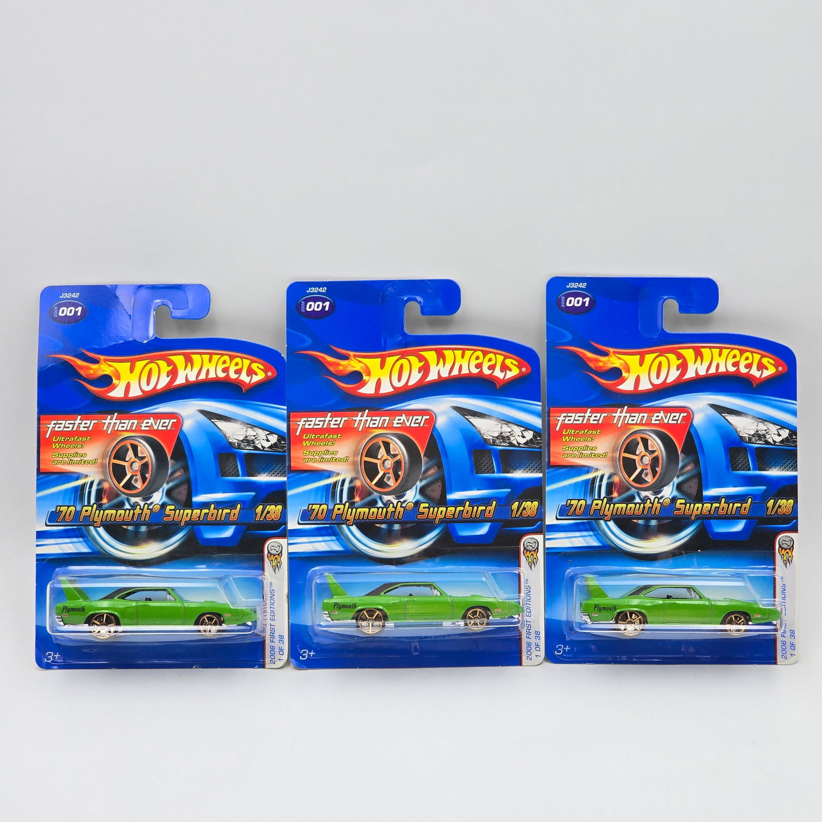 Hot Wheels 70 Superbird lot of 3: Hot Wheels Faster than ever 2006 FE 70 Plymouth Superbird lot of 3 All appear to be identical Cars appear to be excellent to near mint with no issues of note Cards are good but may have edge dings, sm