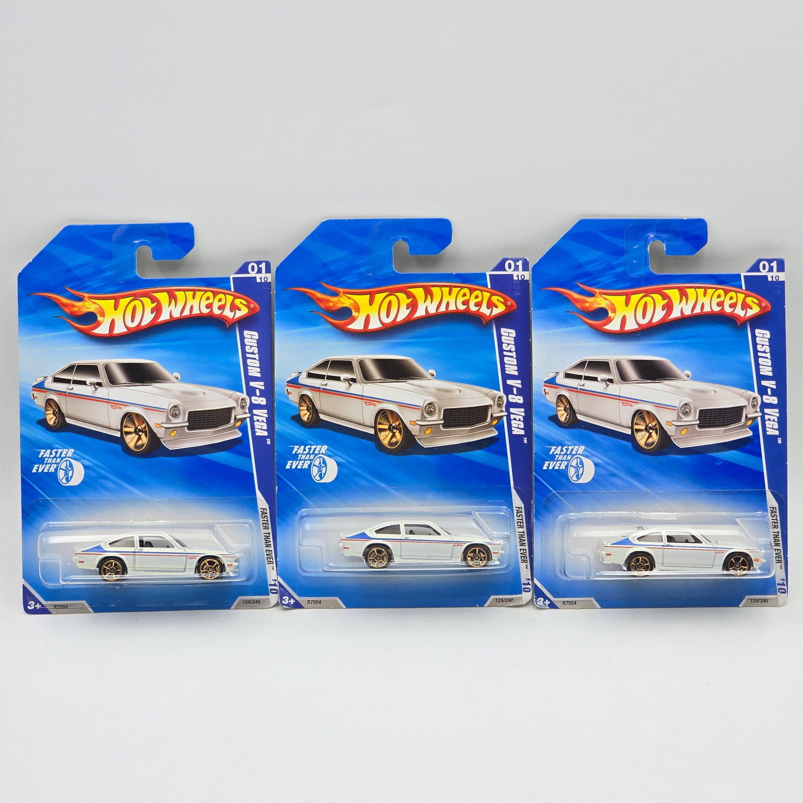 Hot Wheels V-8 Vega lot of 3: Hot Wheels Faster than ever wheel variation white Custom V-8 Vega lot of 3 These all appear to be identical Cars appear to be excellent to near mint with no issues of note Cards are good but may have 