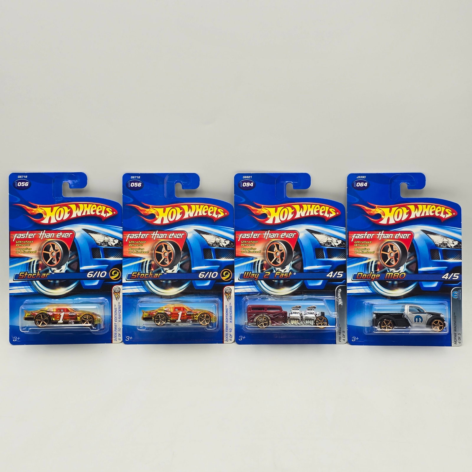 Hot Wheels FTE lot of 4: Hot Wheels Faster than ever mixed lot of 4 Includes - Way 2 Fast, Dodge M80 and (2) x-racers Stockars Cars appear to be excellent to near mint with no issues of note Cards are good but may have edge d