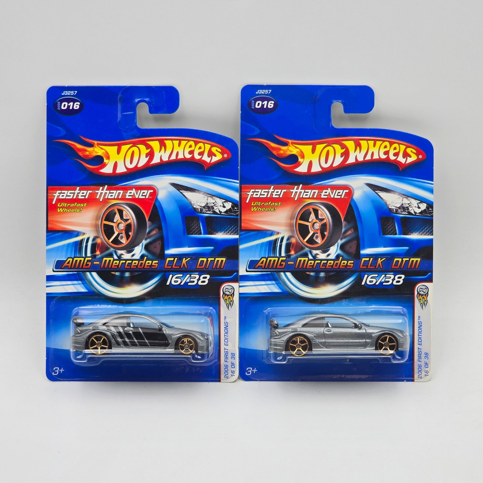 Hot Wheels FTE Mercedes Pair: Hot Wheels Faster than ever AMG Mercedes CLK DT pair wheel and tampo error 2 different variations here, one standard fte wheel vari and the other is missing the black tampos and has all large wheels