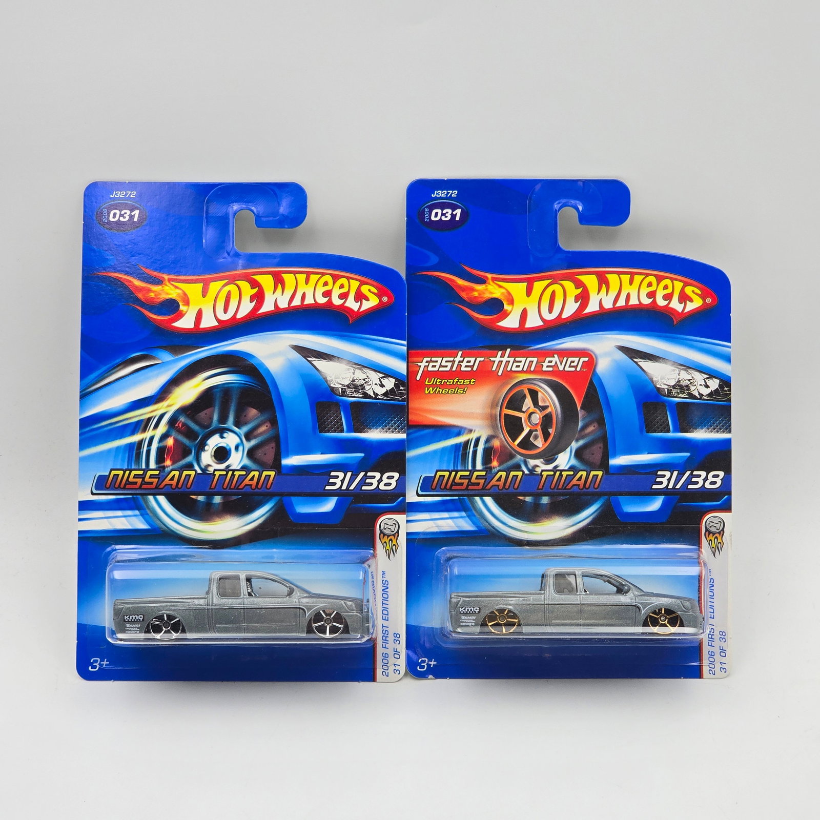 Hot Wheels FTE Nissan Titan Pair: Hot Wheels Faster than ever Nissan Titan pair one with the FTE OH5 wheel vari and the other standard chrome OH5 wheel Cars appear to be excellent to near mint with no issues of note Cards are go