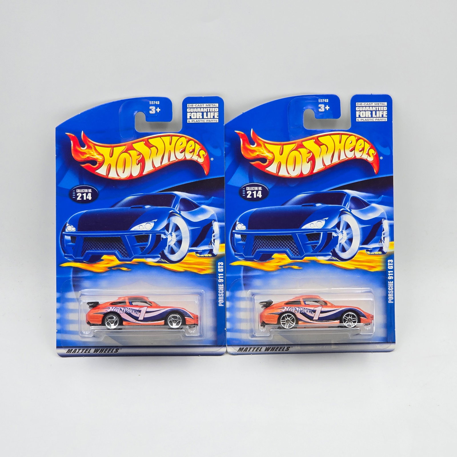 Hot Wheels Porsche 911 Pair: Hot Wheels Porsche 911 GT3 pair One has 3 spoke wheels, the other has PR5 wheels Cars appear to be excellent to near mint with no issues of note Cards are good but may have edge dings, small creases a