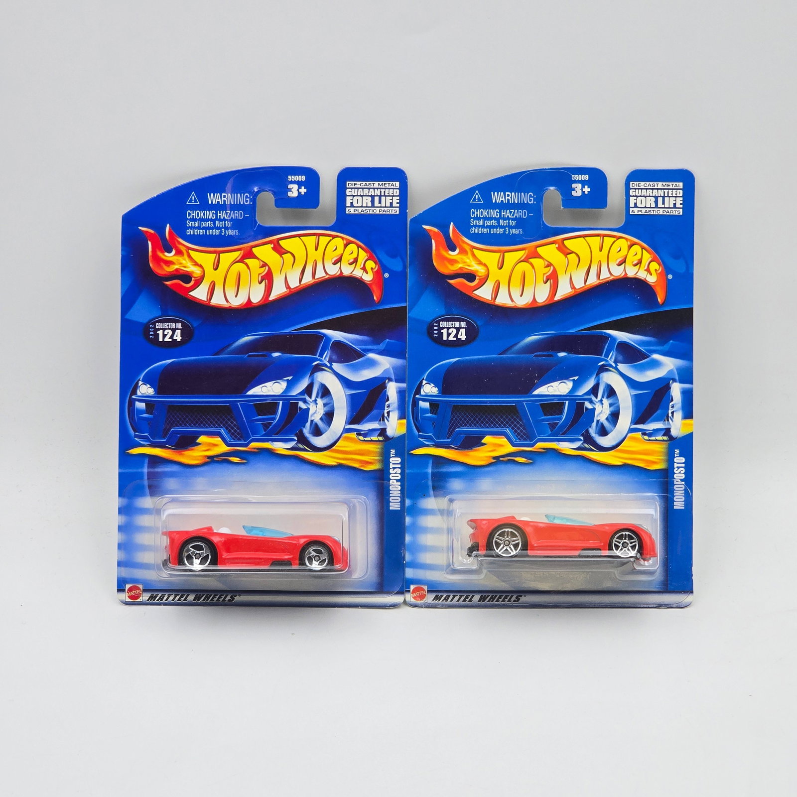 Hot Wheels Monoposto Pair: Hot Wheels red Monoposto pair One has 3 spoke wheels, the other has PR5 wheels Cars appear to be excellent to near mint with no issues of note Cards are good but may have edge dings, small creases and