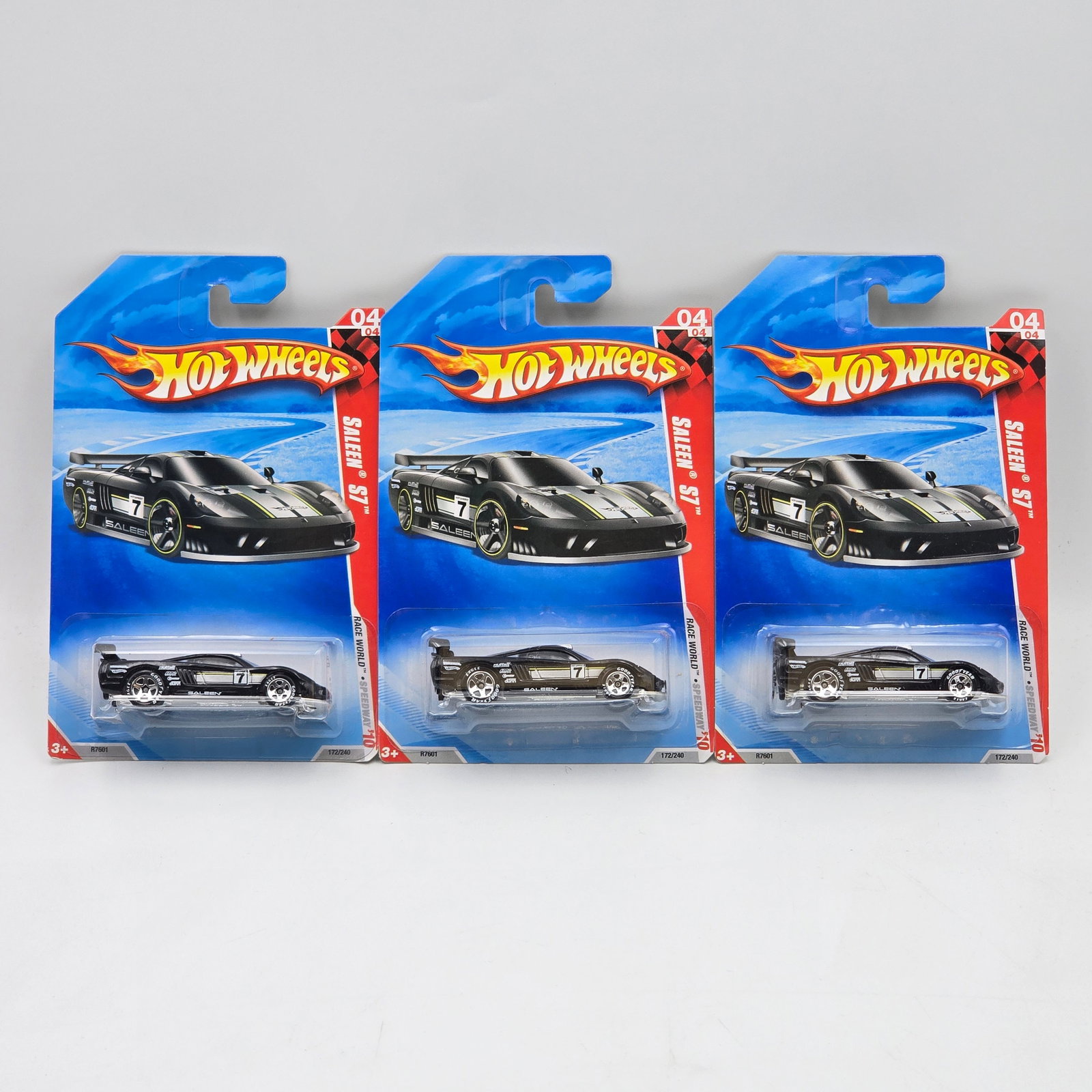 Hot Wheels Saleen S7 lot of 3: Hot Wheels Race World Series black Saleen S7 lot of 3 These appear to be identical Cars appear to be excellent to near mint with no issues of note Cards are good but may have edge dings, small creases