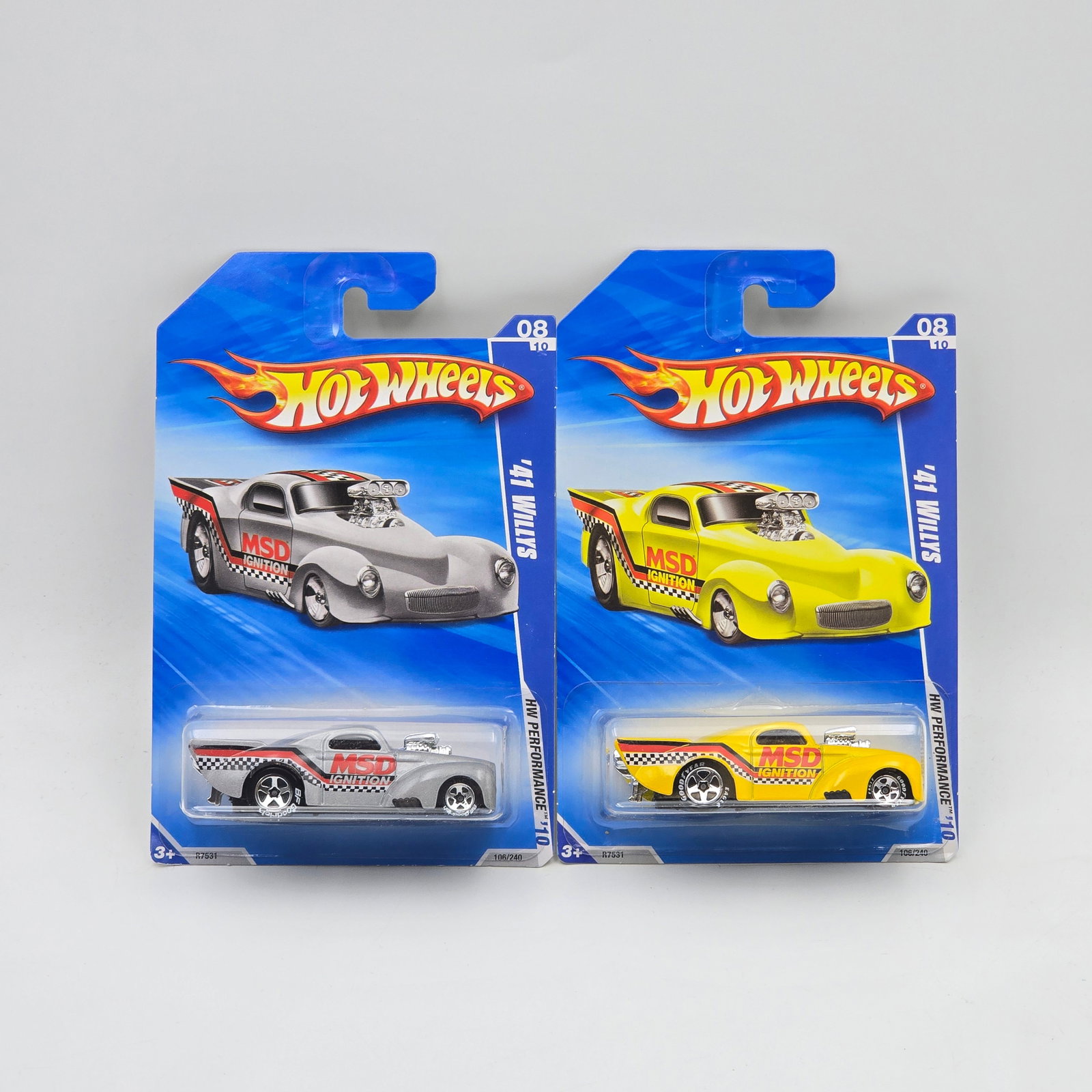 Hot Wheels 41 Willys Pair: Hot Wheels MSD 41 Willys pair Walmart exclusive wheel variation One of these is yellow, the other is grey Cars appear to be excellent to near mint with no issues of note Cards are go