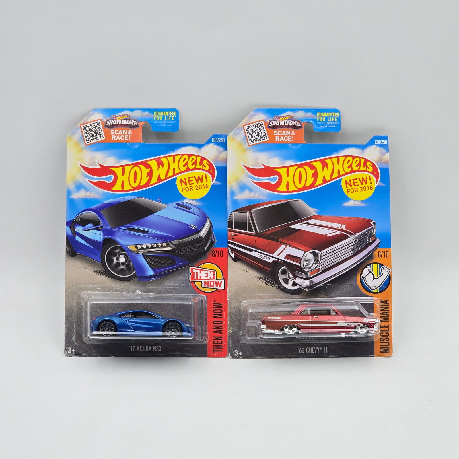 Hot Wheels Mixed Pair: Hot Wheels mixed pair Card Variation/ Target exclusive Includes - Muscle Mania red 67 Chevy II and a blue 17 Acura NSX (all large wheels) Cars appear to be excellent to near mint with no issues of no