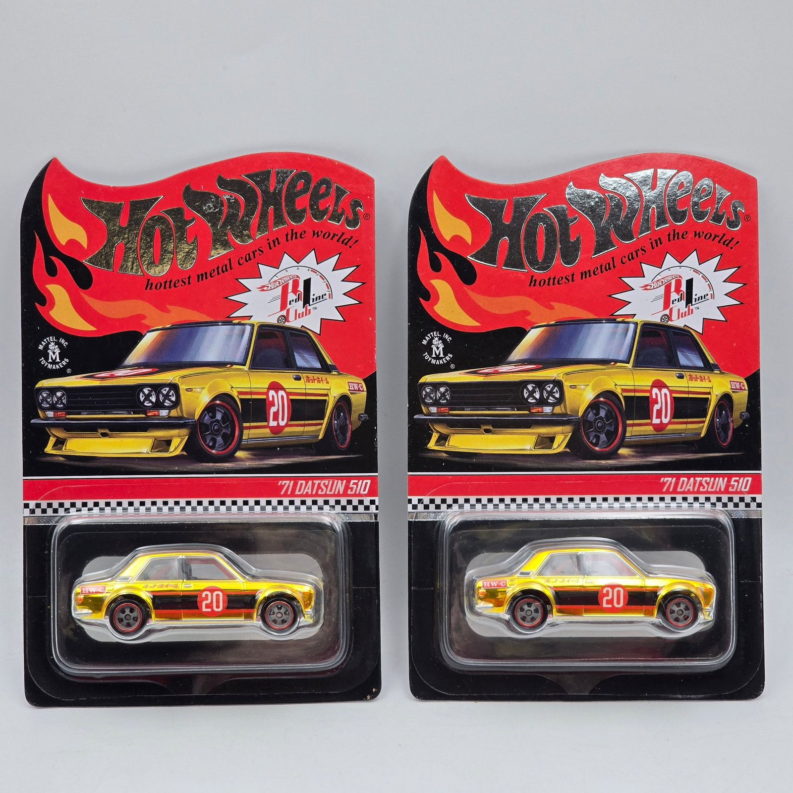 Hot Wheels RLC Datsun 510 Pair: Hot Wheels RLC Gold Chrome 71 Datsun 510 pair - 2801/15000 & 3450/15000 Cars appear to be excellent to near mint with no issues of note Cards are excellent but may have edge dings and/or wear in s
