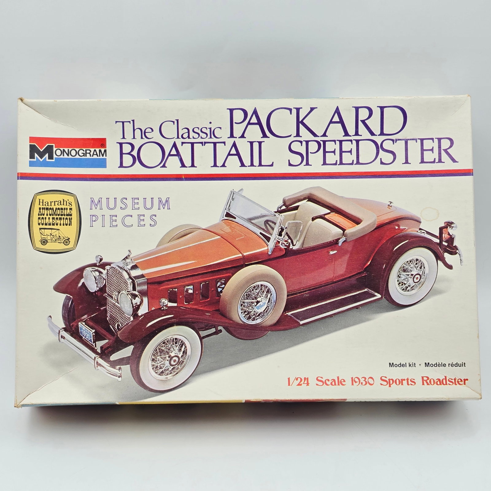 Monogram Model Kit: Lot includes Monogram Packard Boattail speedster model kit (1975) With box and appears to be complete and unassembled. Some shelf/storage wear on the corners of the box, including