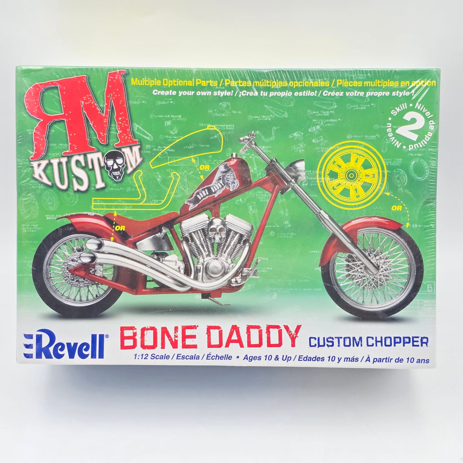 Revell Chopper Model Kit: This lot includes a Revell Bone Daddy custom Chopper Model kit (2006) With box and appears to be complete and unassembled. Factory sealed, see photos for more. 