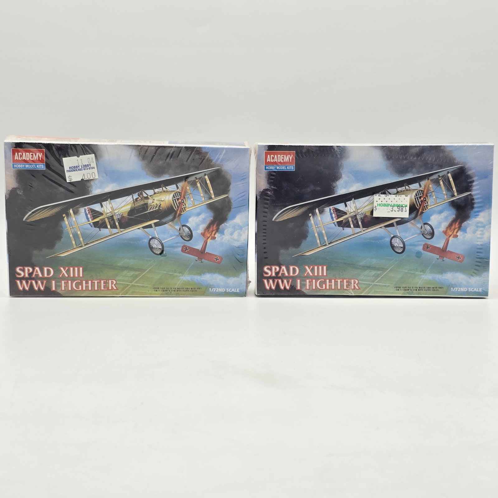 Pair Academy Plane Model Kit: This lot includes 2- Academy spad XIII WWI Fighter Model kit (1984) Both boxes appear to be complete and unassembled. Factory sealed, see photos for more. 