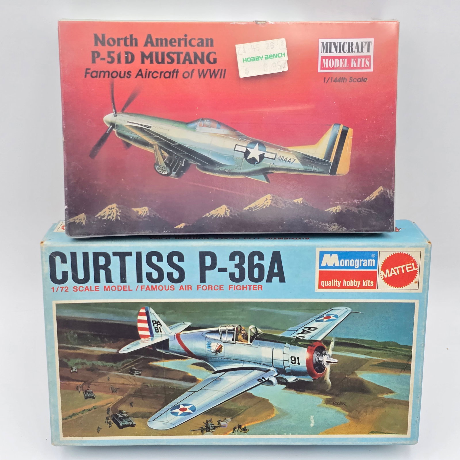 Pair of Plane Model Kits: Pair of Plane Model Kits, one Monogram and one Minicraft. Both include the box and look to be complete and unassembled. 1- Curtiss P-36A (1967) - Some pieces are still attached to the trees, while oth