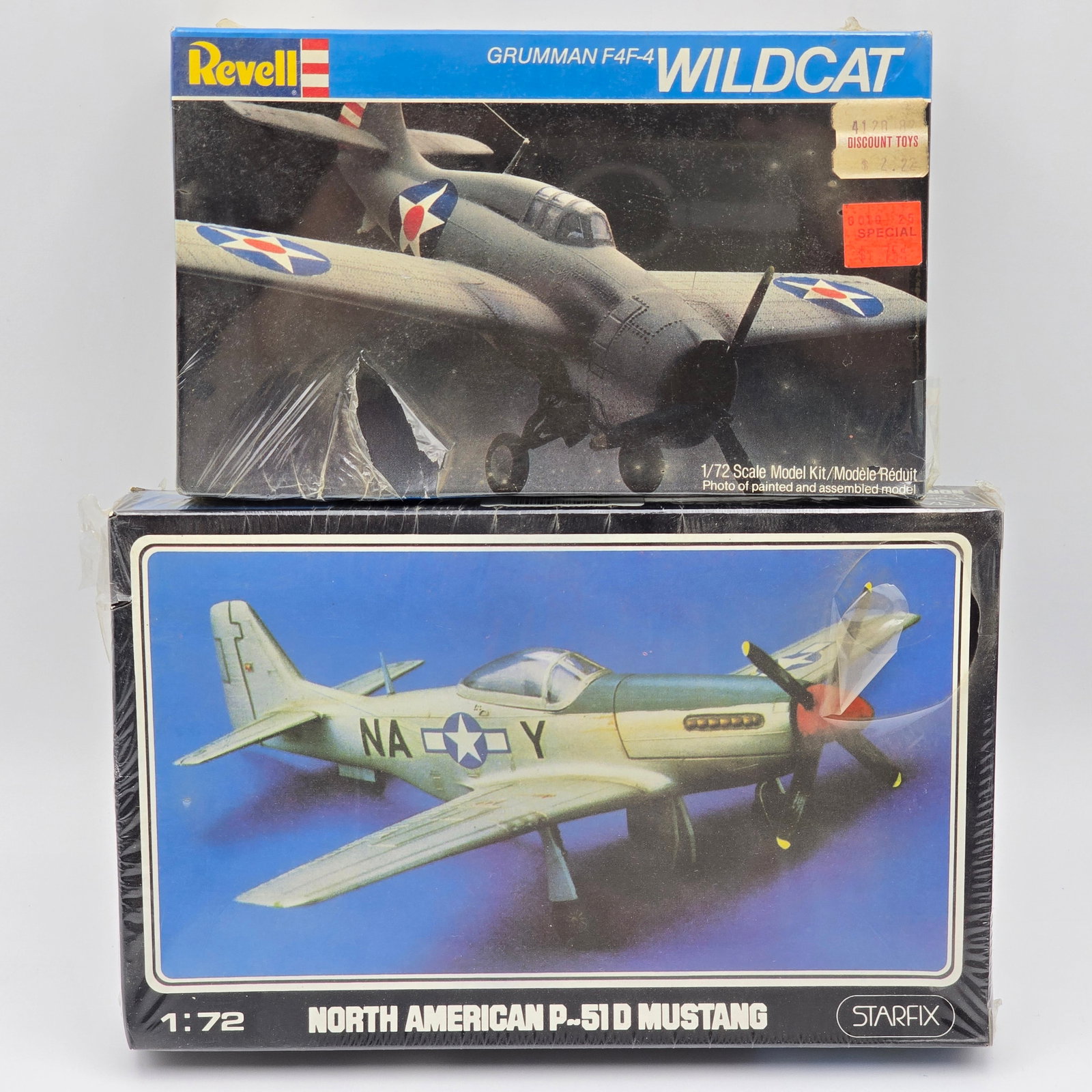 Pair of Plane Model Kits: Pair of Plane Model Kits, one Revell and one Starfix. Both with box and look to be complete and unassembled. 1- Grumman F4F-4 Wildcat (1982) 1- North American P-51 D Mustang Both boxes have some