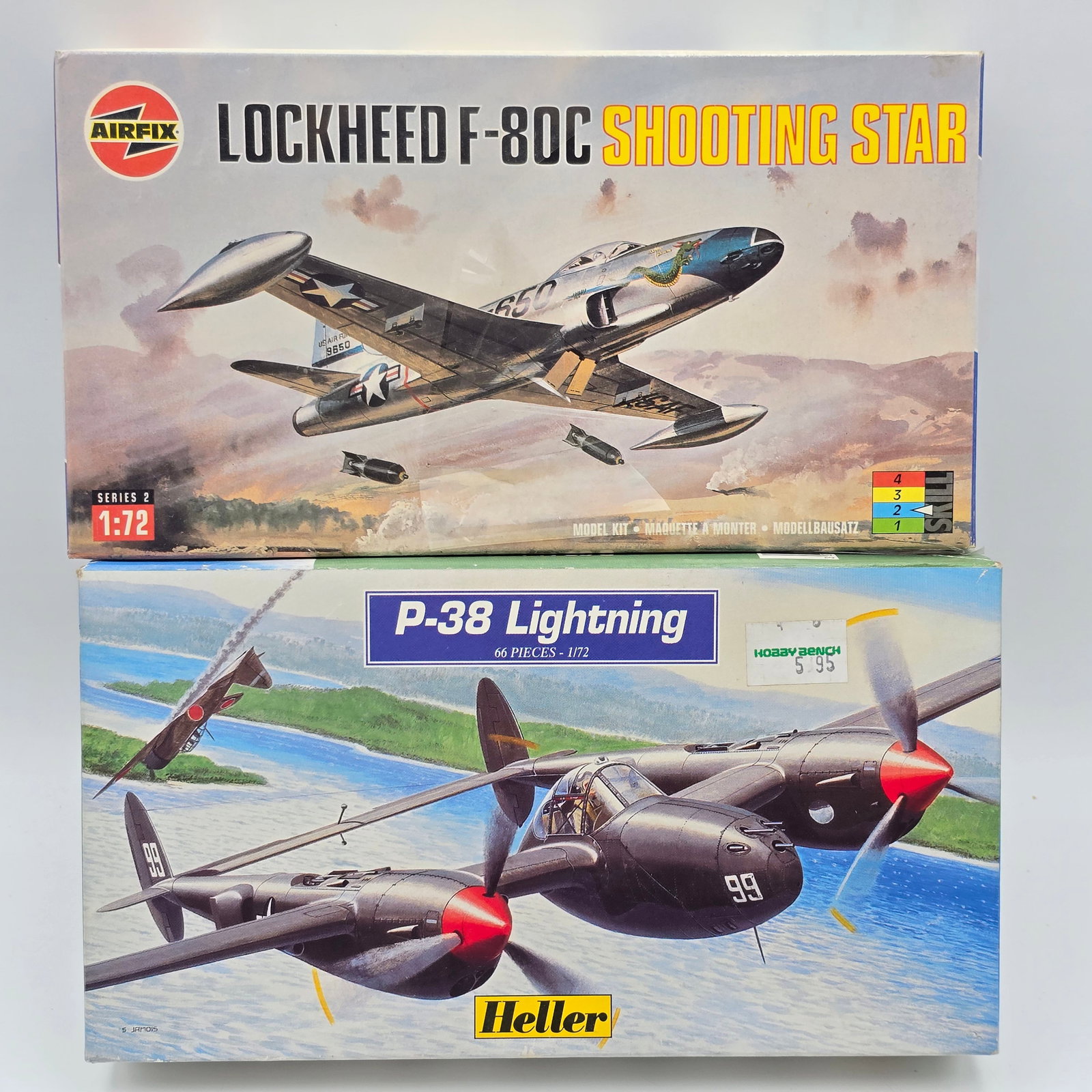 Pair of Plane Model Kits: Pair of Plane Model Kits, one Airfix and one Heller. Both have box and look to be complete and unassembled. 1- Lockheed F- 80C Shooting Star- Most pieces are not attached to a tree, unclear if a