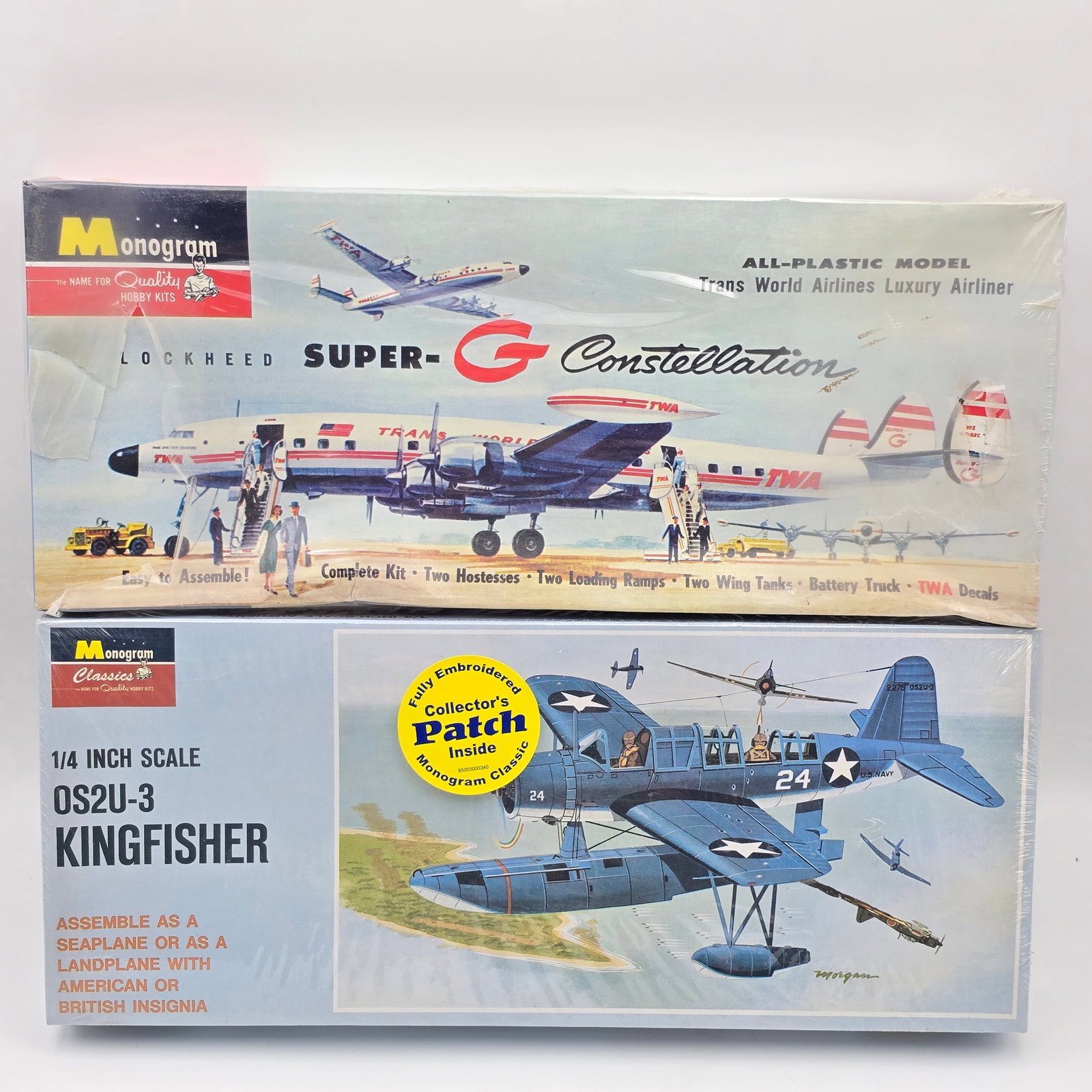 Pair of Monogram Model Kits: Pair of Monogram Model kits, Both look to be complete and unassembled. 1- Lockheed Super G- Constellation (1997) 1- OS2U-3 KingFisher (1999) Both Models appear to be factory sealed/unopened. Loc