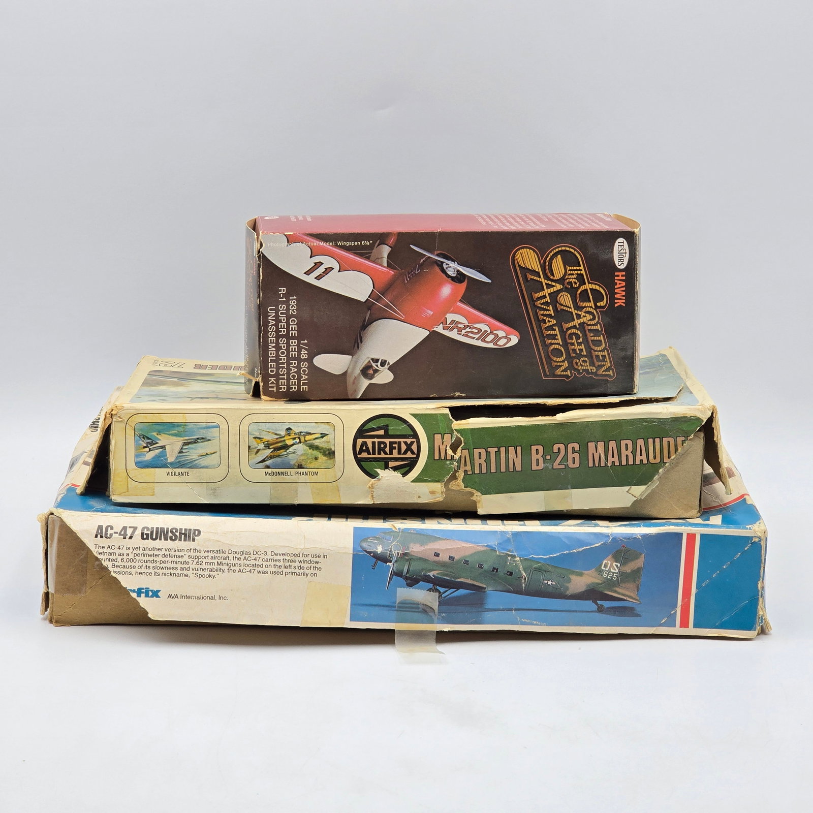 Lot of 3 Plane Model Kits: Lot includes three model kits, one Testors and 2 Airfix. All include the box and look to be mostly unassembled. 1- The Golden Age of Aviation (1976) - appears to be 2 models both partially assembled, 