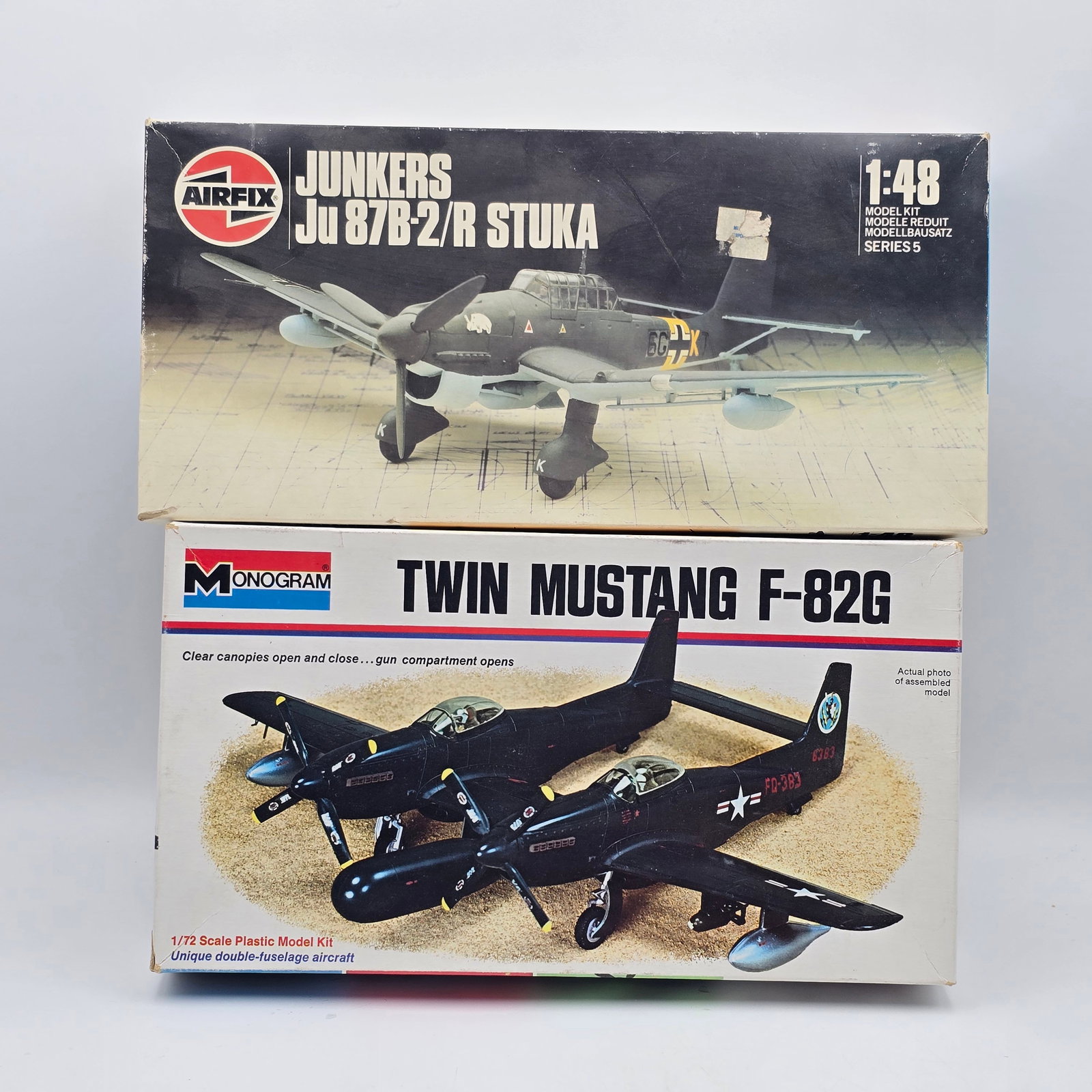 Pair of Plane Model Kits: Pair of Plane Model Kits, one Airfix and one Monogram. Both with box and look to be complete and unassembled. 1- Junkers JU- 87B-2/R Stuka (1982)- Most pieces look to be attached to the trees