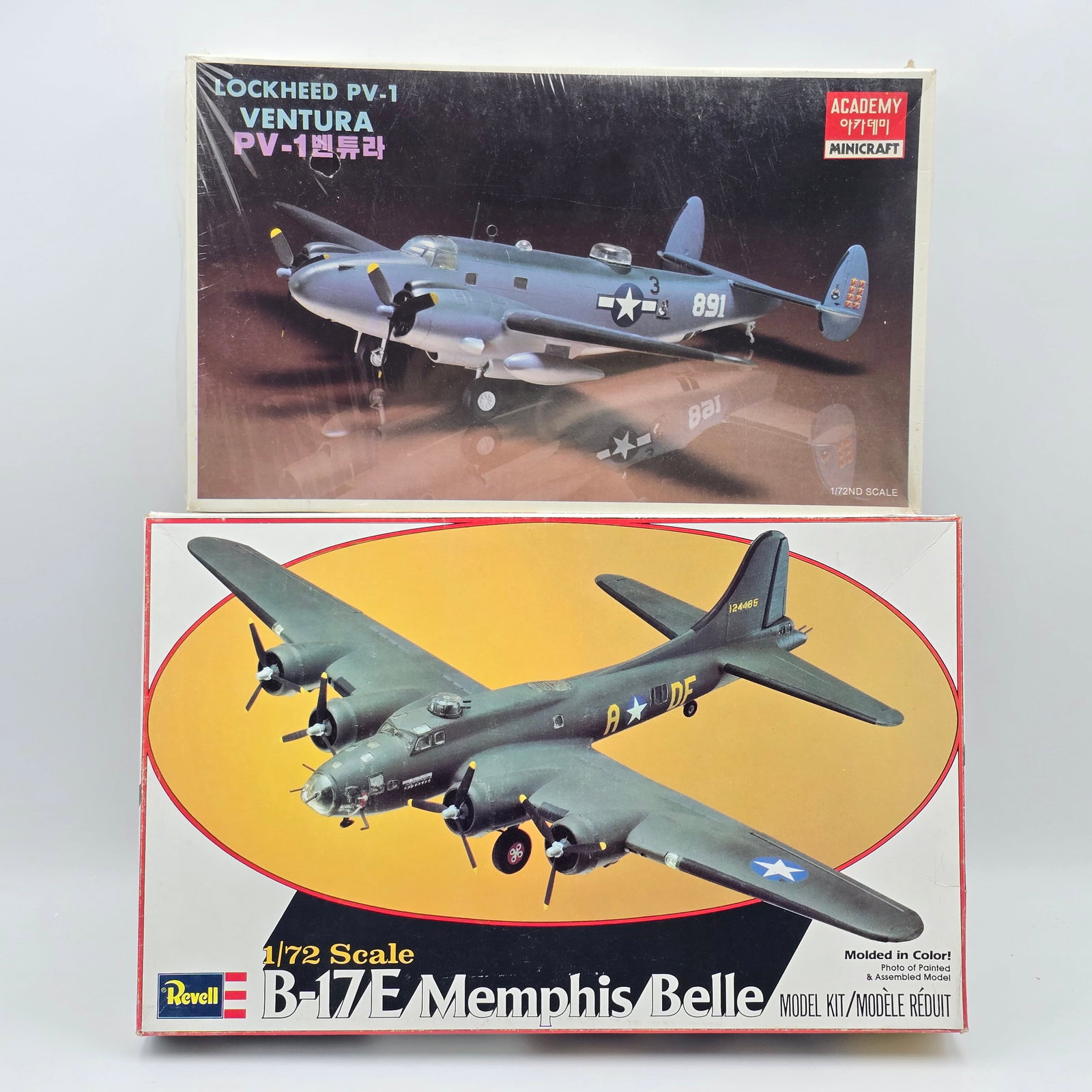 Pair of Plane Model Kits: Pair of Plane Model kits, one Revell and one Minicraft. Both have box and look to be unassembled. 1- Lockheed PV-1 Ventura- Appears to be factory sealed/unopened. 1- B-17E Memphis Belle (1979)- 