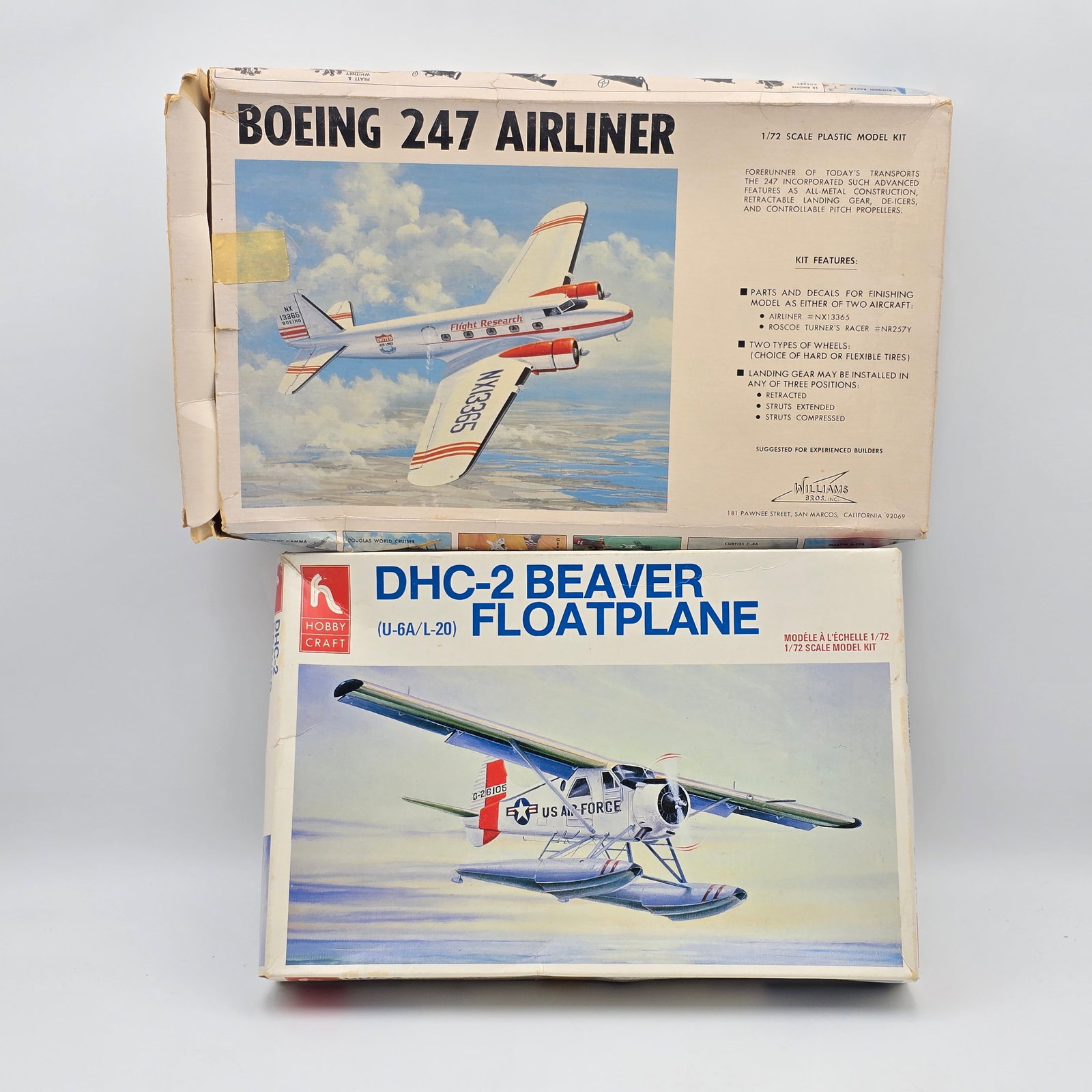 Pair of Plane Model Kits: Pair of Plane Model Kits, one Williams bro. and one AMT. Both with the box and look to be complete and unassembled. 1- DHC- 2 Beaver Floatplane - All pieces appear to be attached to the trees.