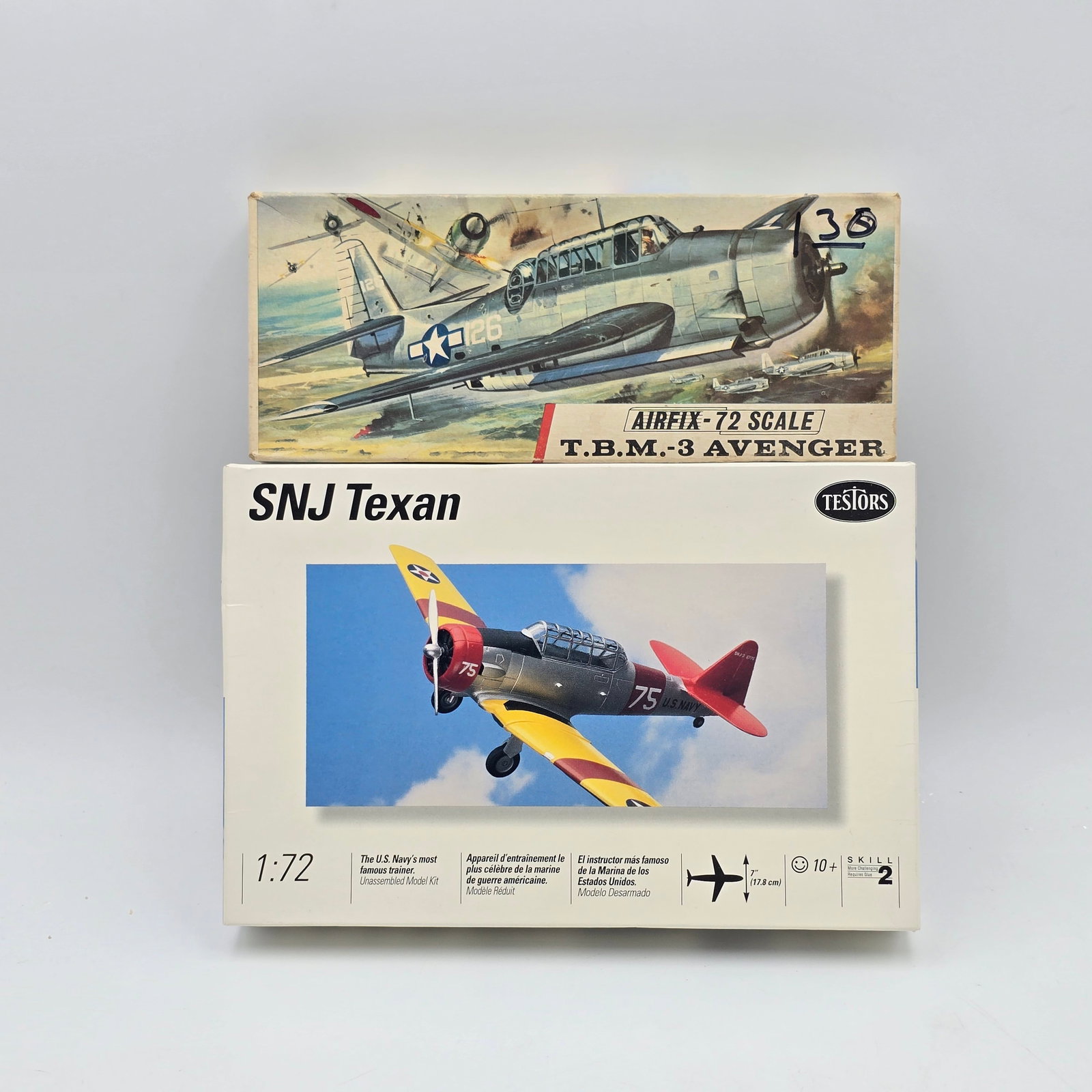Pair of Plane Model Kits: Pair of Plane model kits, one Testors and one Airfix. Both with the Box and look to be unassembled. 1- SNJ Texan (1994) - Pieces look to be factory sealed/unopened and in good condition. 1-