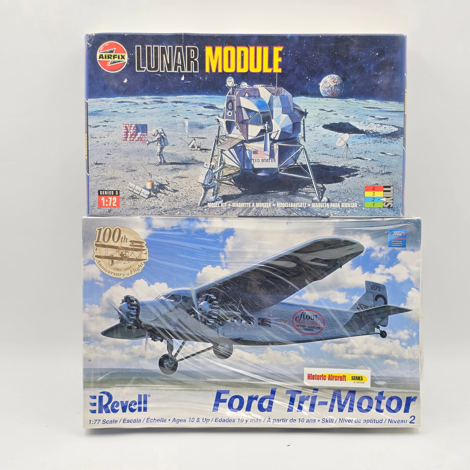 Pair of Model Kits: Pair of Model Kits, one Revell and one Airfix. Both with box and look to be complete and unassembled. 1- Lunar Module 1- Ford Tri-Motor (2006) Both boxes look to be factory sealed/