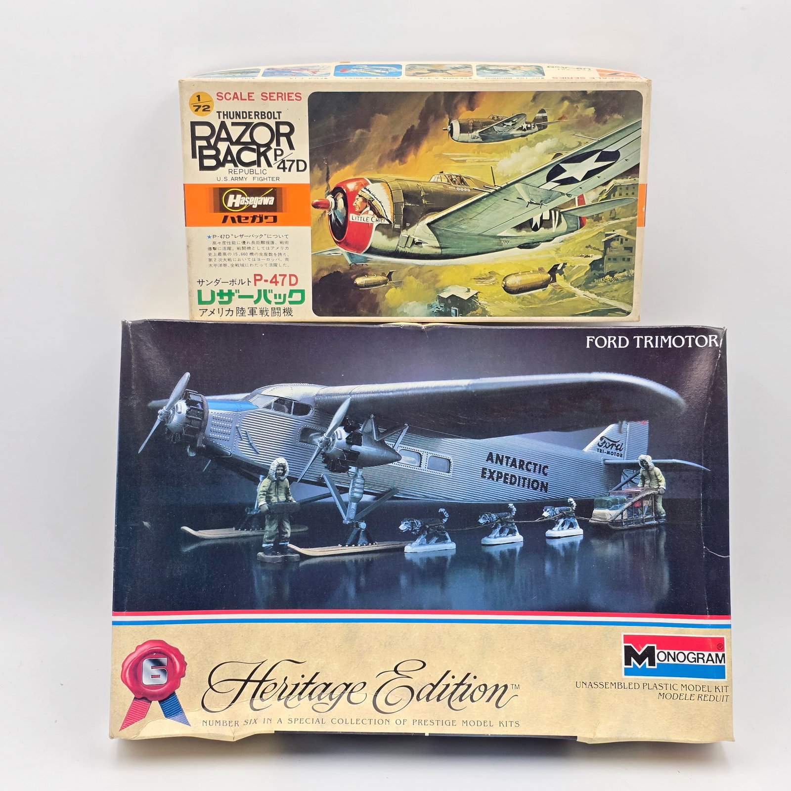 Pair of Model Kits: Pair of Model Kits, one Monogram and one Hasegawa. Both with box and look to be complete and unassembled. 1- Heritage edition (1983) - Most pieces look to be factory sealed/unopened. Has