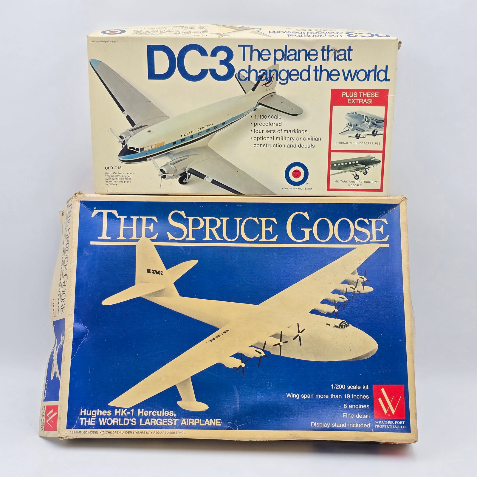 Pair Plane of Model Kits: Pair of Plane Model Kits, one Wrather Port Properties and one Entex. Both have box and look to be complete and unassembled 1- The Spruce Goose (1984) - pieces look to be factory
