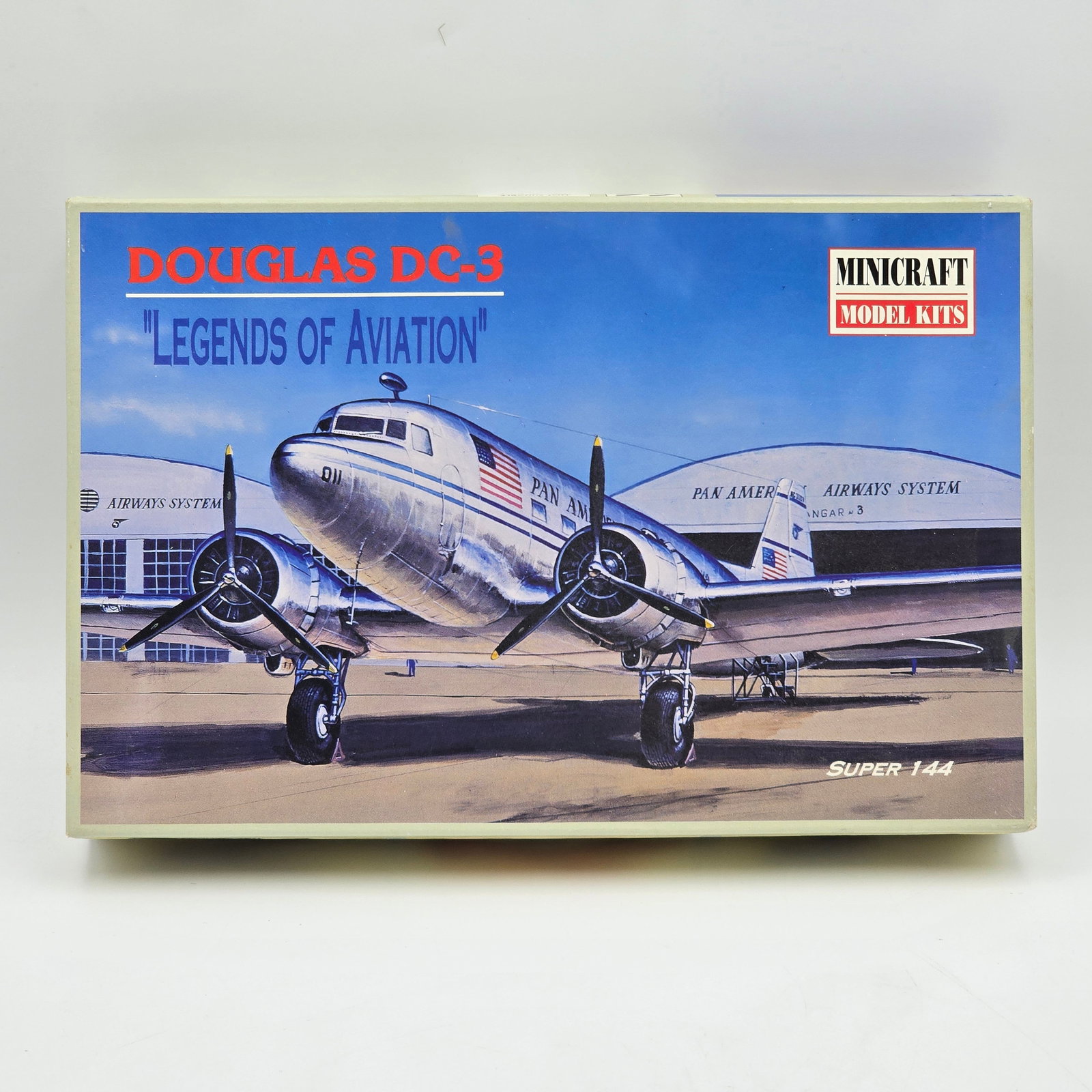 Minicraft Plane Model Kit: Minicraft Plane Model Kit, with box and looks to be complete and unassembled. 1- Douglas DC-3 (1996) Pieces look to be fully attached to the trees. Includes instructions and decal sheets. The box has