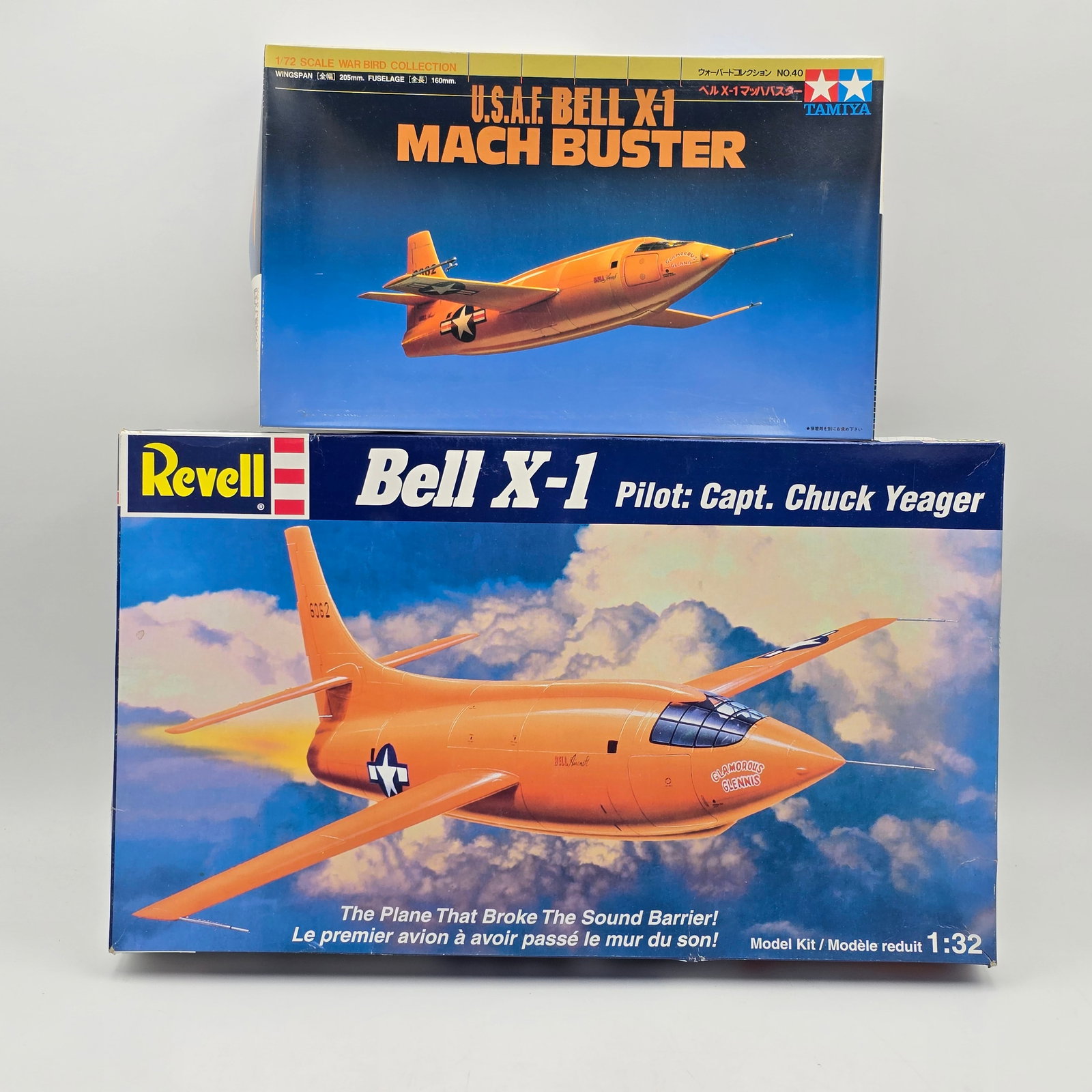 Pair of Jet Model Kits: Pair of Jet Model kits, one Revell and one Tamiya. Both have the box. 1- Bell X-1 (2003) - Pieces look to be partly assembled and some are not attached to the trees. No decals. 1- Bell X-1 Mach
