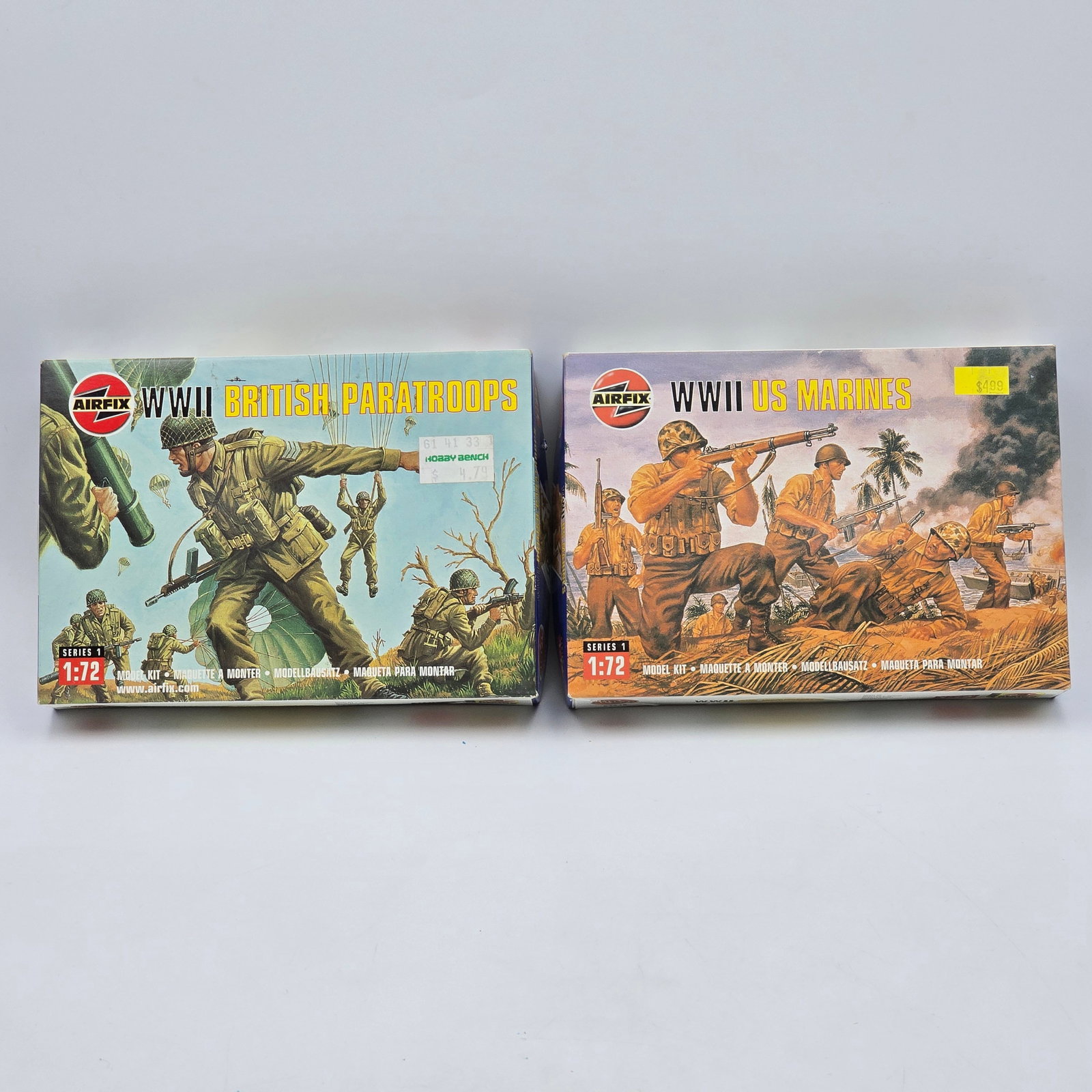 Pair of Airfix Army Personnel: Pair of Airfix Army Personnel, both with box and look to be complete. 1- WWll Marines - has original tape/ unopened. 1- WWll Paratroopers- pieces not sealed but in a bag! Both boxes look to have some