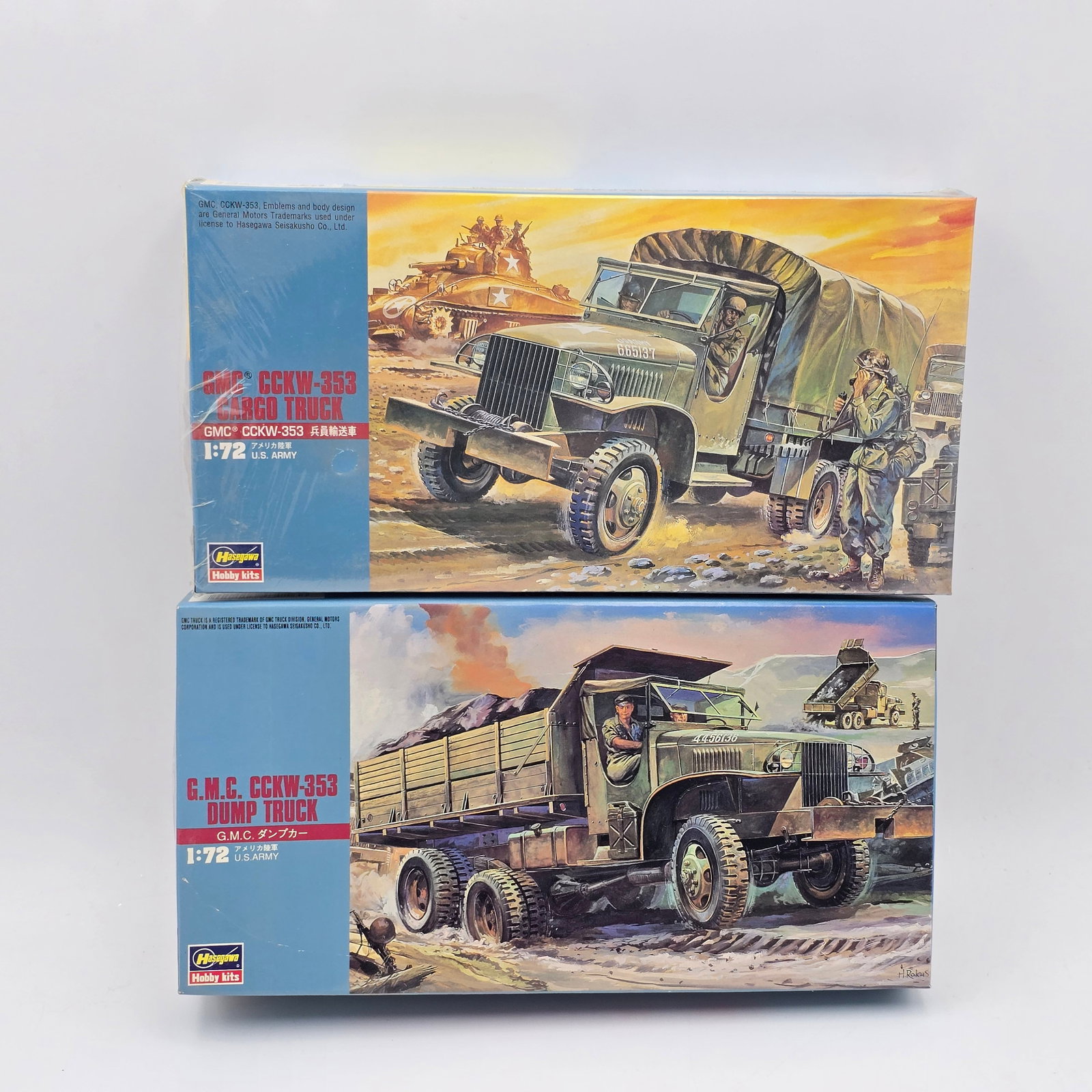 Pair of Hasegawa Models: Pair of Hasegawa model, both with box and look to be unassembled. 1- GMC CCKW -353 Cargo truck- (1999) Box look to be factory sealed/unopened with a tear in the plastic on one side. 1- GMC