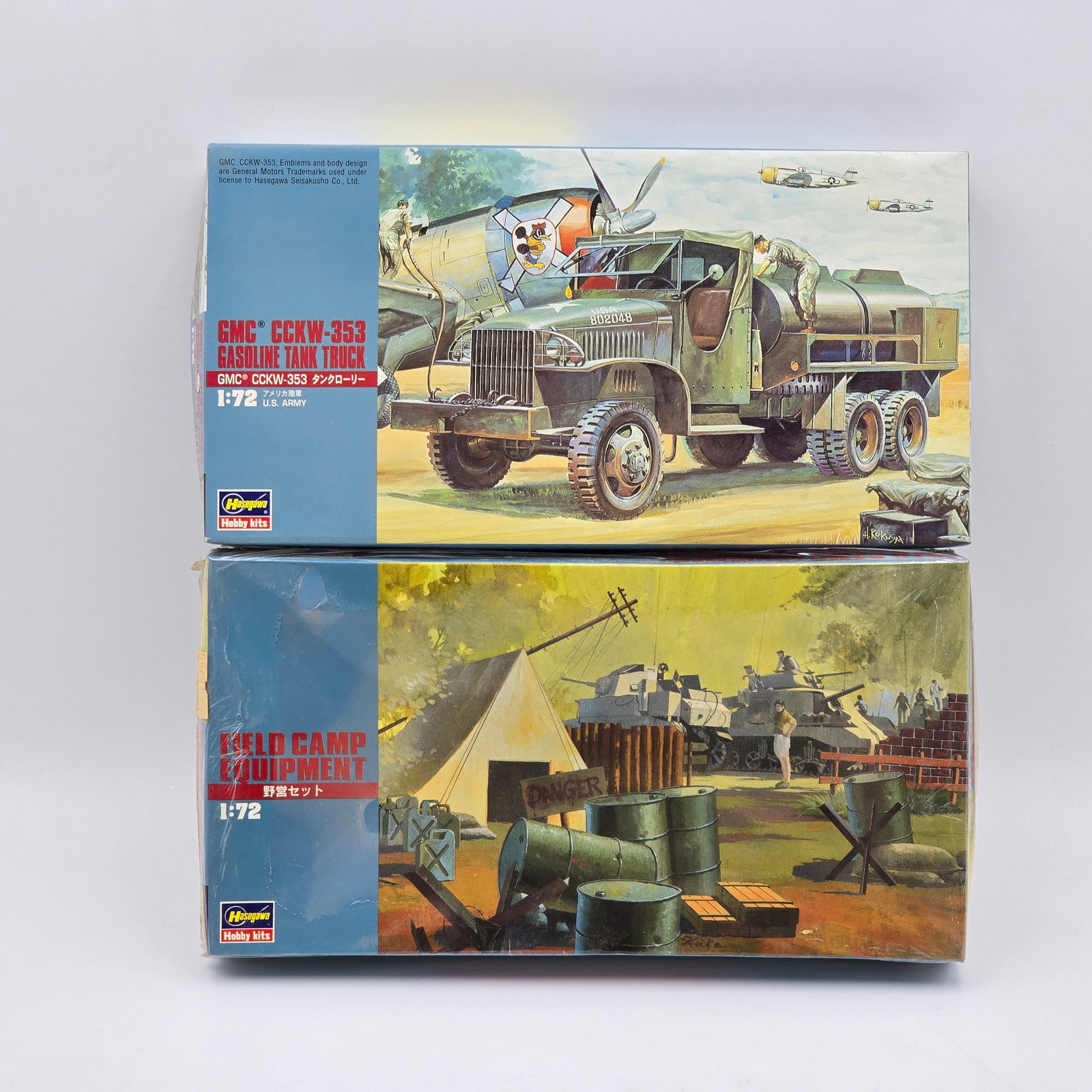 Pair of Hasegawa Model Kits: Pair of Hasegawa Models, Both with box and look to be complete and unassembled . 1- GMC CCKW-353 Gasoline Tank Truck( 199) 1- Field camp equipment (1995) Both pieces look to be