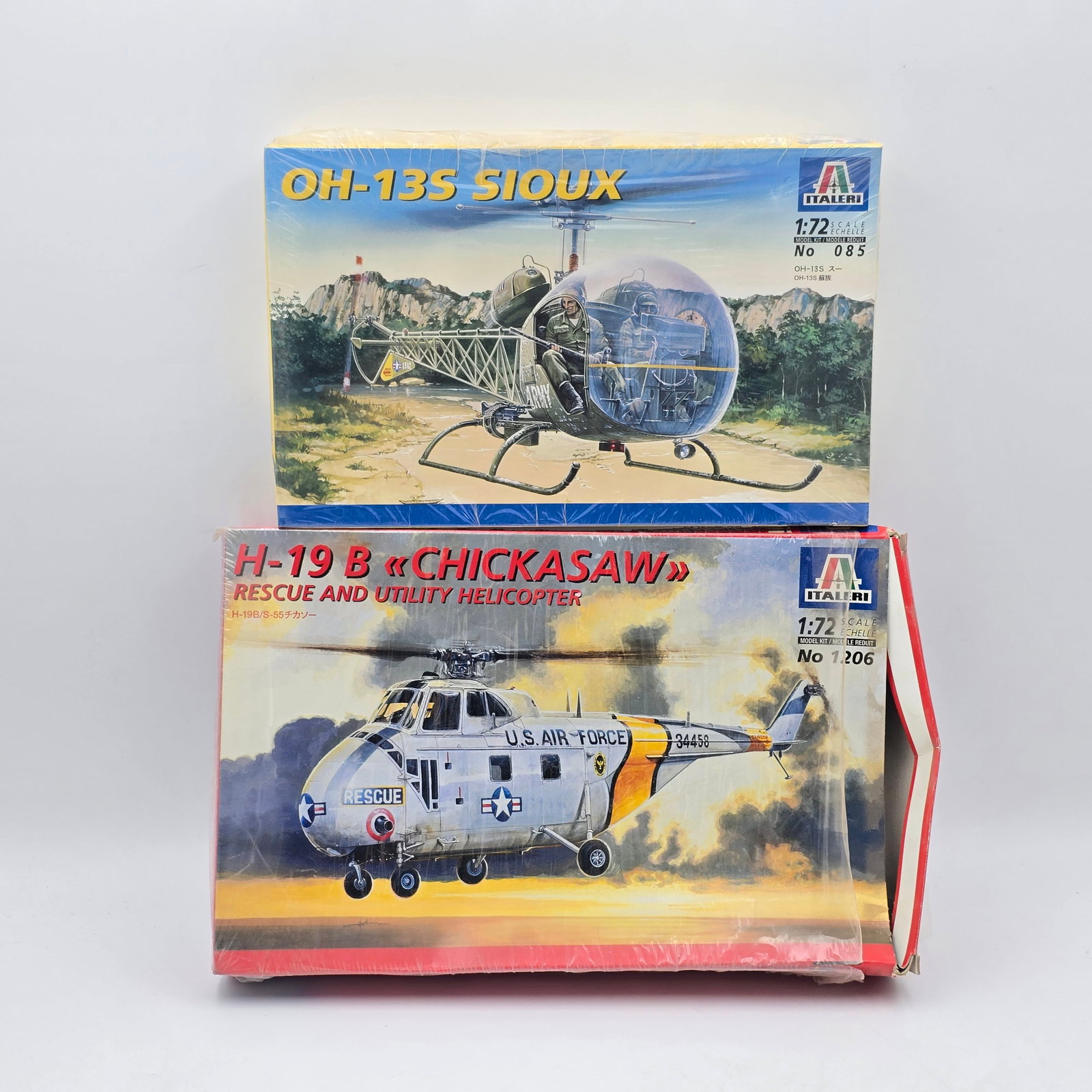 Pair of Italeri Model Kits: Pair of Italeri Model kits, Both with box and look to be complete and unassembled. 1- OH 13S SIQUX (1997) - Appears to be factory sealed/ unopened, despite a tear on the side. 1- H-19 B