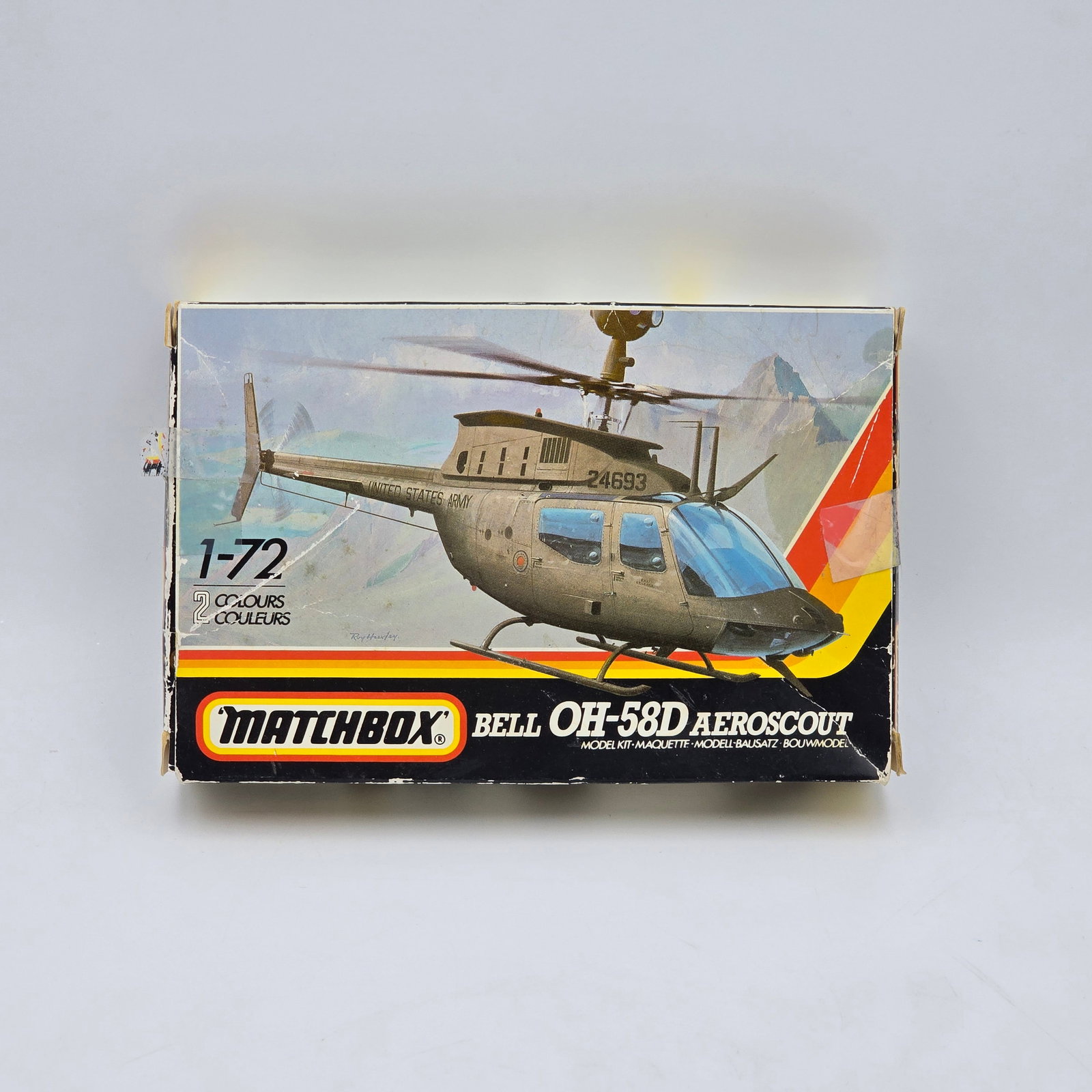 MatchBox Helicopter Model Kit: MatchBox Helicopter Model Kit, with the box and looks to be complete and unassembled. 1- Bell OH-58D Aeroscout (1987) Pieces look to be complete and attached to the trees. Includes instructions and de