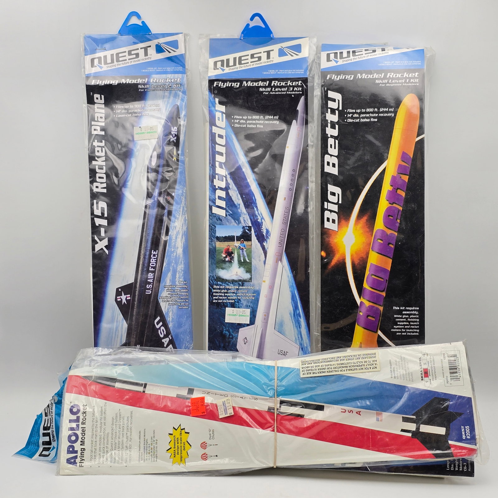 Quest Model Rocket Kit Lot of 5: Quest Model Rocket kit lot of 5 Includes - Intruder, Big Betty, X-15 Rocket Plane, Shuttle Intrepid and Apollo All of these appear to be factory sealed Packages are in good condition, may have small