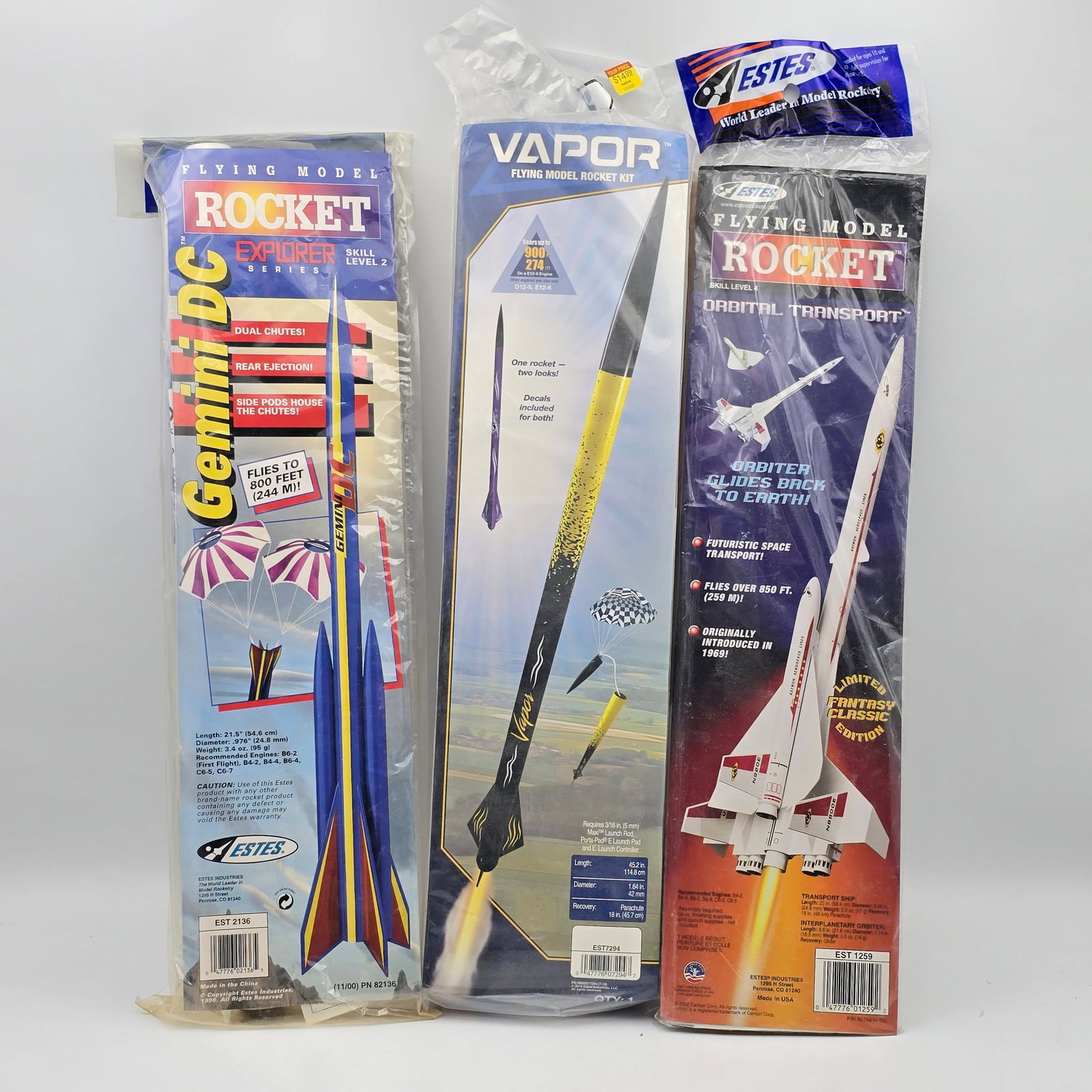 Estes Model Rocket Kit Lot of 3: Estes Model Rocket kit lot of 3 Includes - Orbital Transport, Gemini DC and Vapor All kits appear to be factory sealed and intact Packages are in good condition, may have small holes, tears etc but co