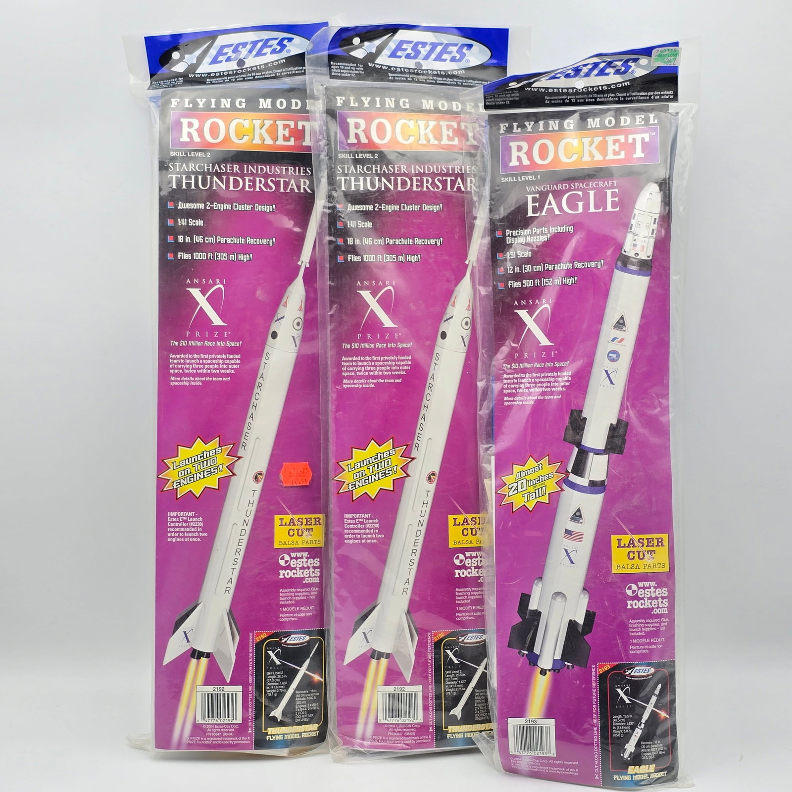 Estes Model Rocket Kit Lot of 3: Estes Model Rocket kit lot of 3 Includes - (2) Starchaser Industries Thunderstar and Vanguard Spacecraft Eagle All kits appear to be factory sealed and intact Packages are in good condition, may have
