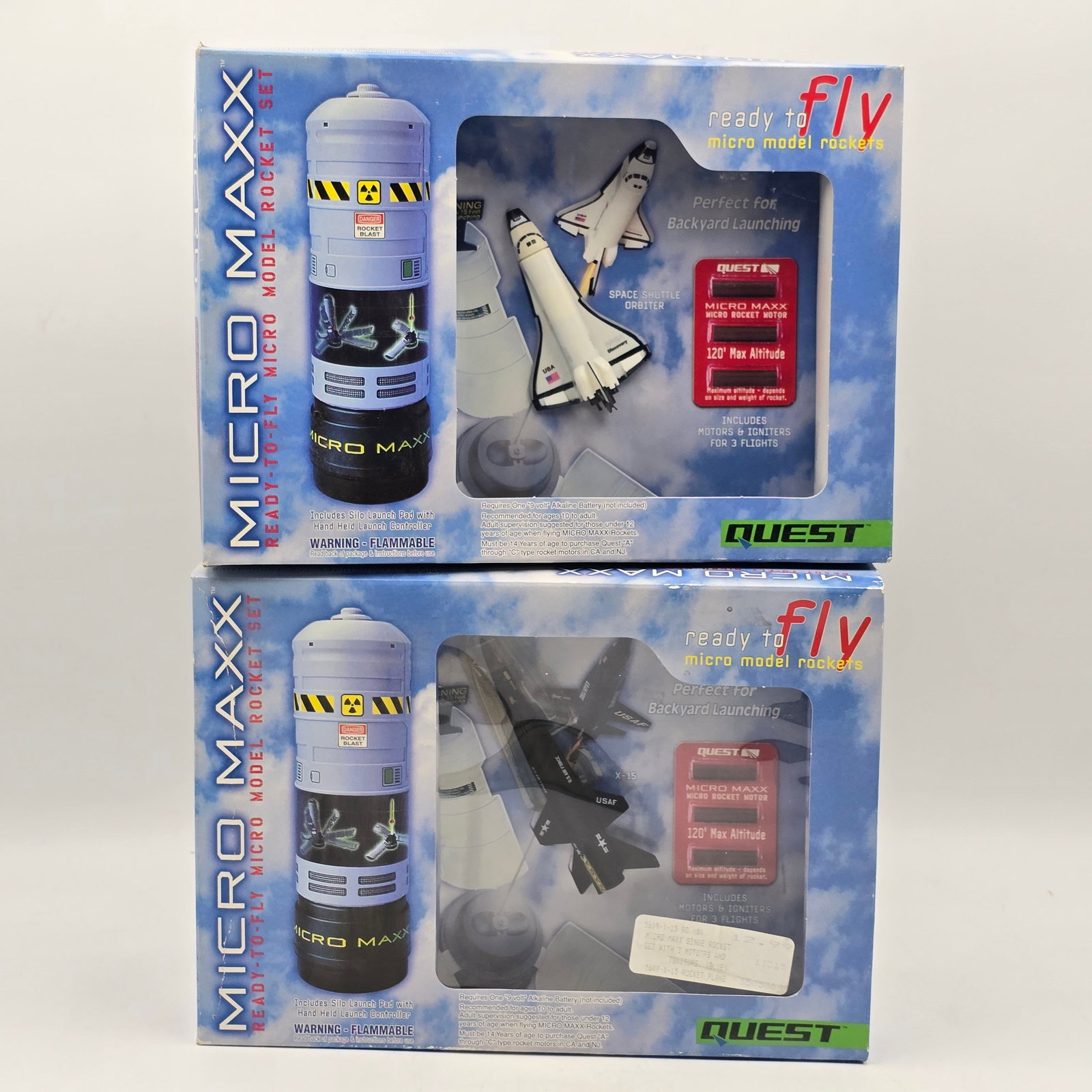 Pair of Quest Micro Maxx Rocket: Quest Micro Maxx Model Rocket kit lot of 2 Includes - Space Shuttle and X-15 Both kits can be opened but contents appear to be factory wrapped inside Packages are in excellent condition Please check